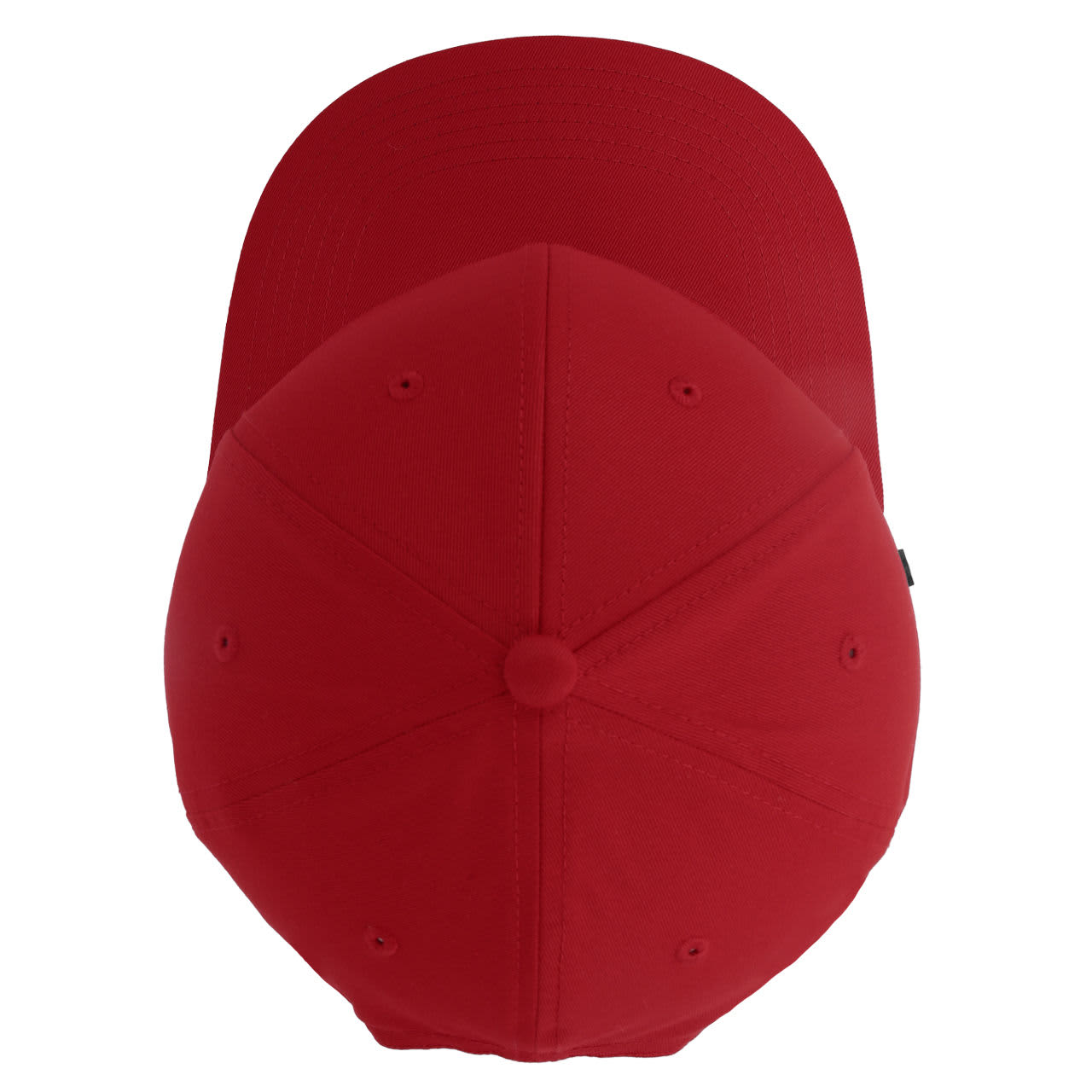 A red classic 6 panel cap featuring a rounded design and a logo on the side.