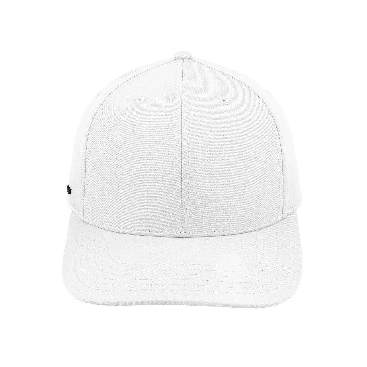 A white classic 6 panel cap featuring a flat brim and a small logo on the side.