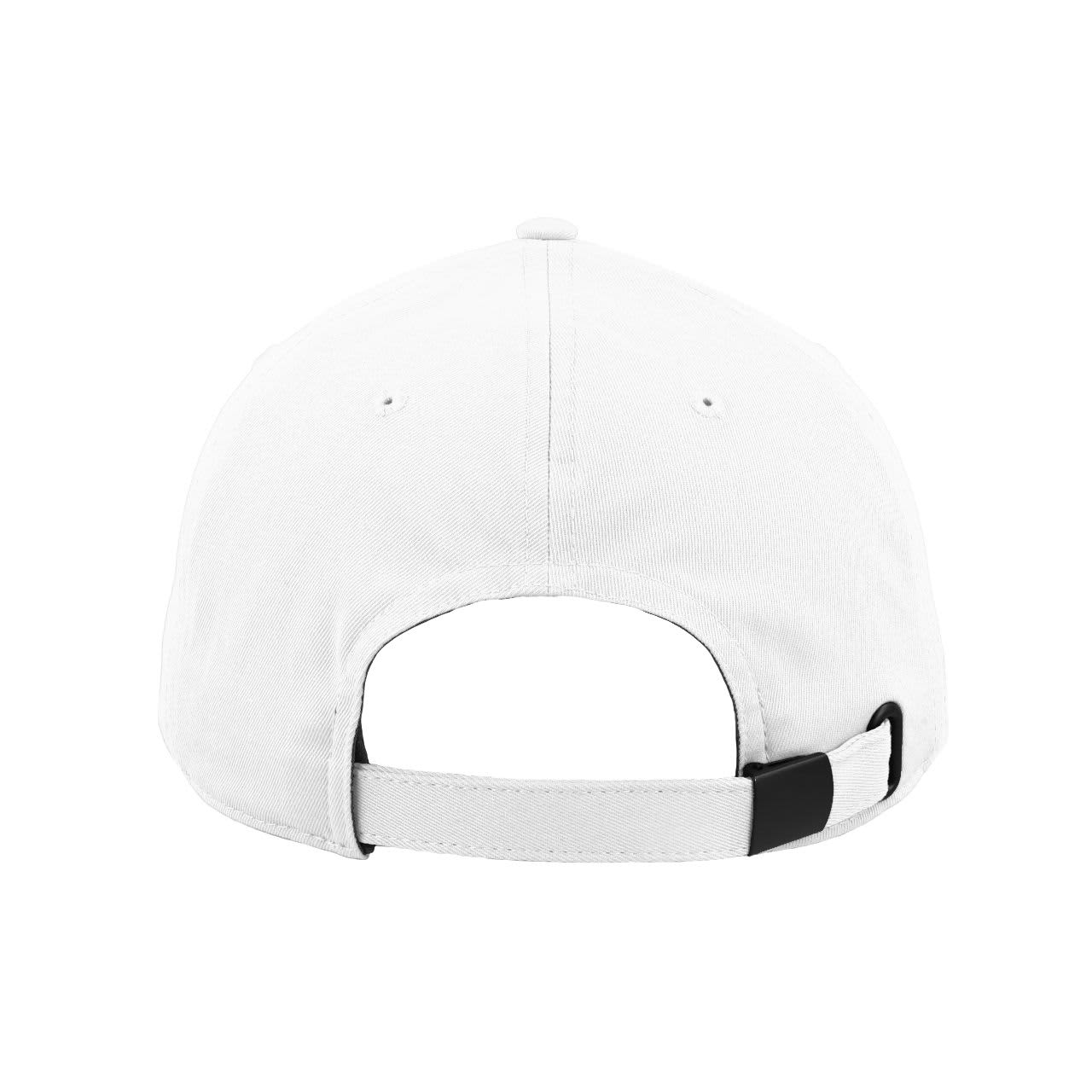 A white classic 6-panel cap with a black adjustable strap at the back and a logo.