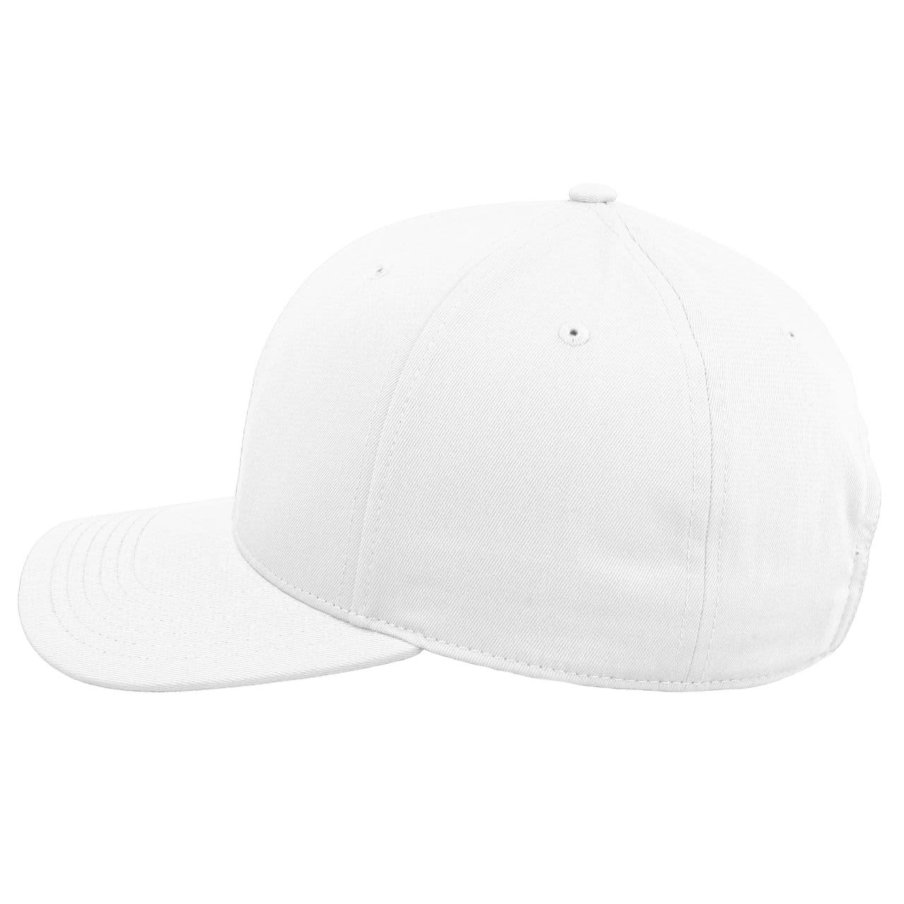 A white classic 6 panel cap featuring a curved brim and a sweatband, with a logo on the side.