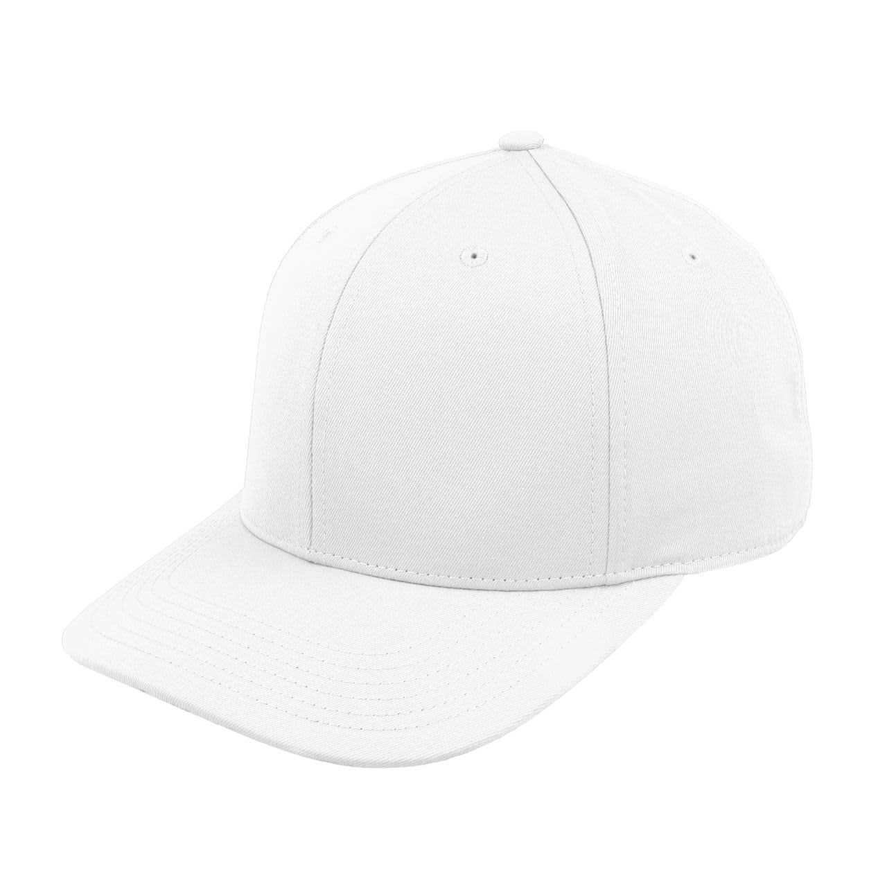 A white classic 6 panel cap featuring a curved brim and a logo on the front.