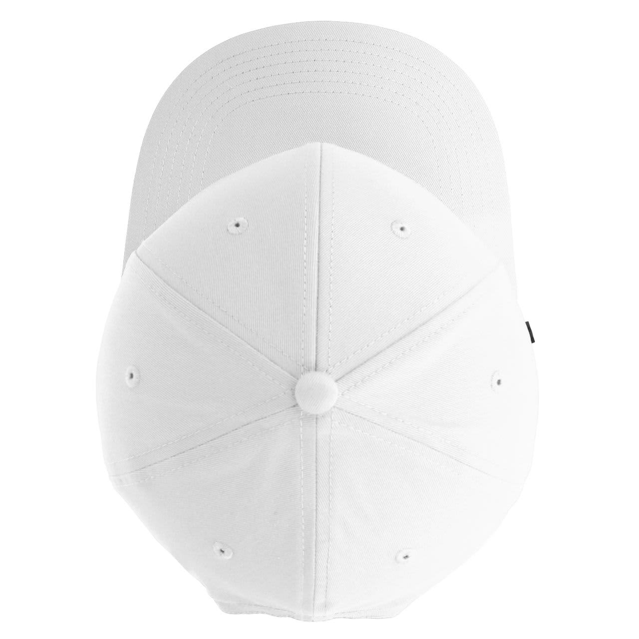 A white Classic 6 Panel Cap featuring a rounded crown and a straight brim, with a logo on the side.