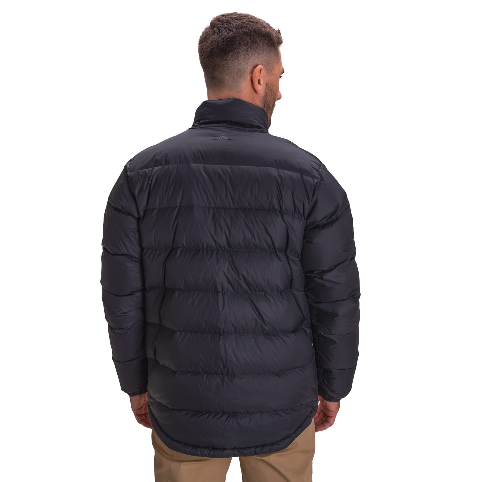 A black puffer jacket featuring a high collar and a puffy design, viewed from the back on a person.