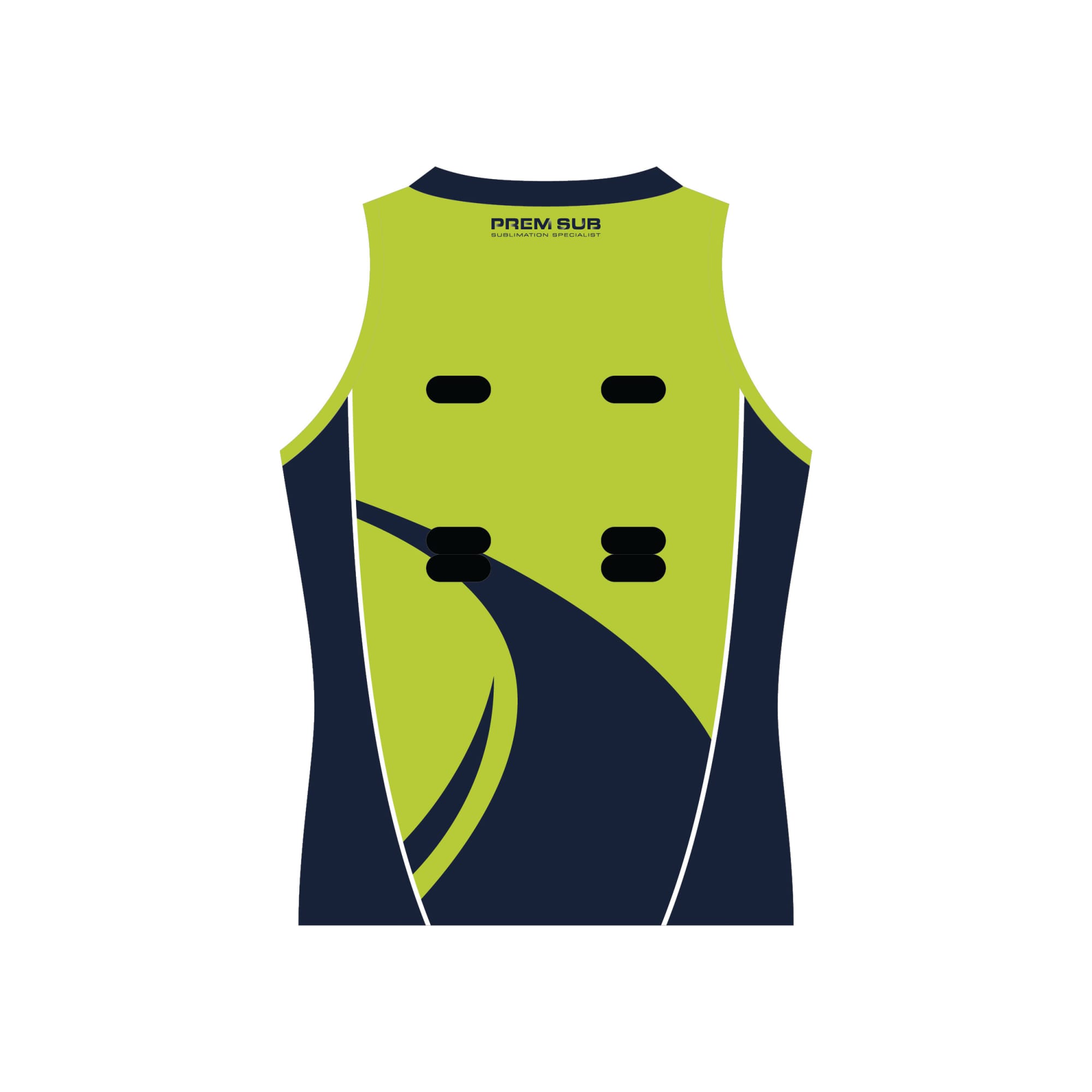 A sleeveless netball singlet in vibrant green and navy, featuring a sporty design and logo.