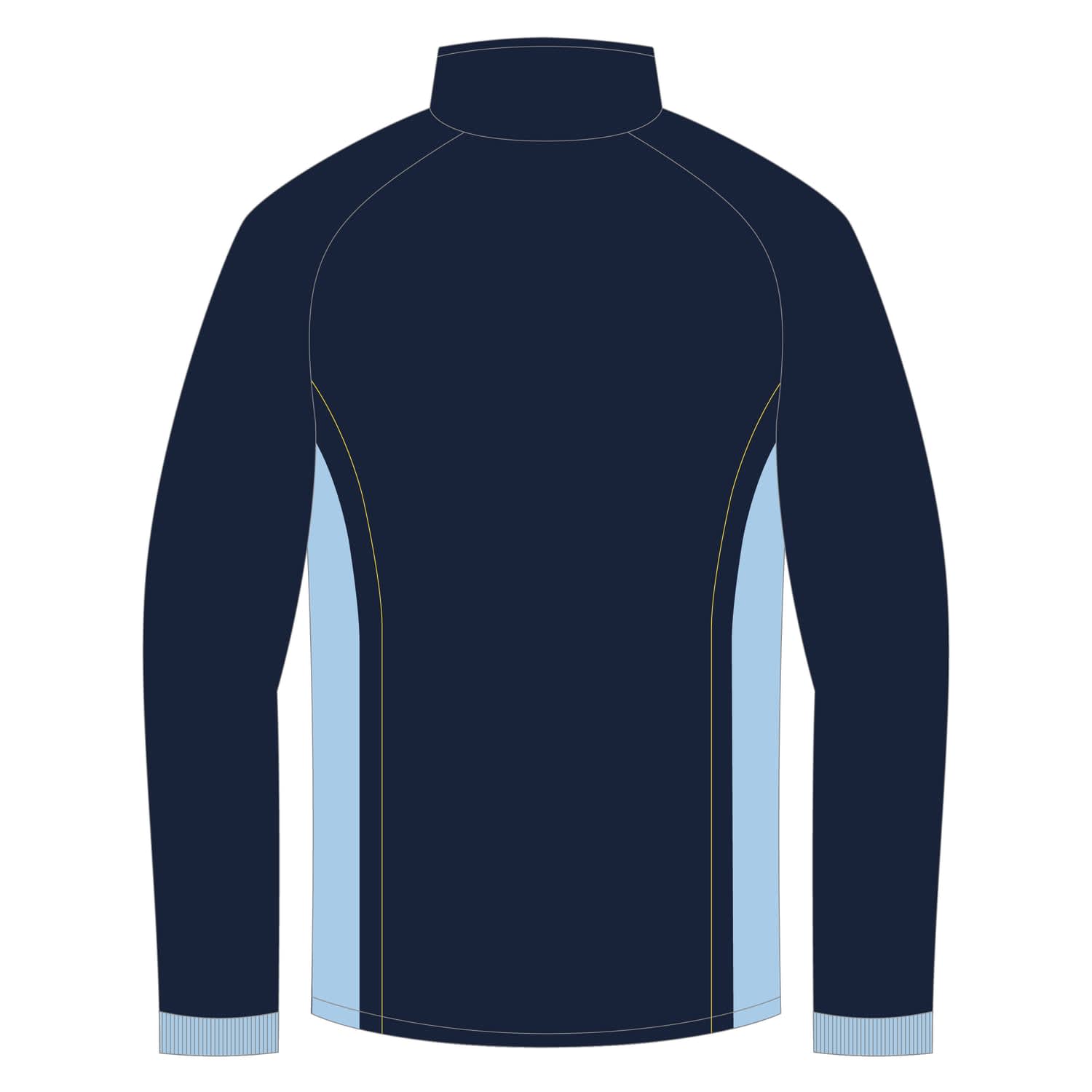 A navy and light blue long-sleeve warm-up jacket with a high collar and a branded logo.