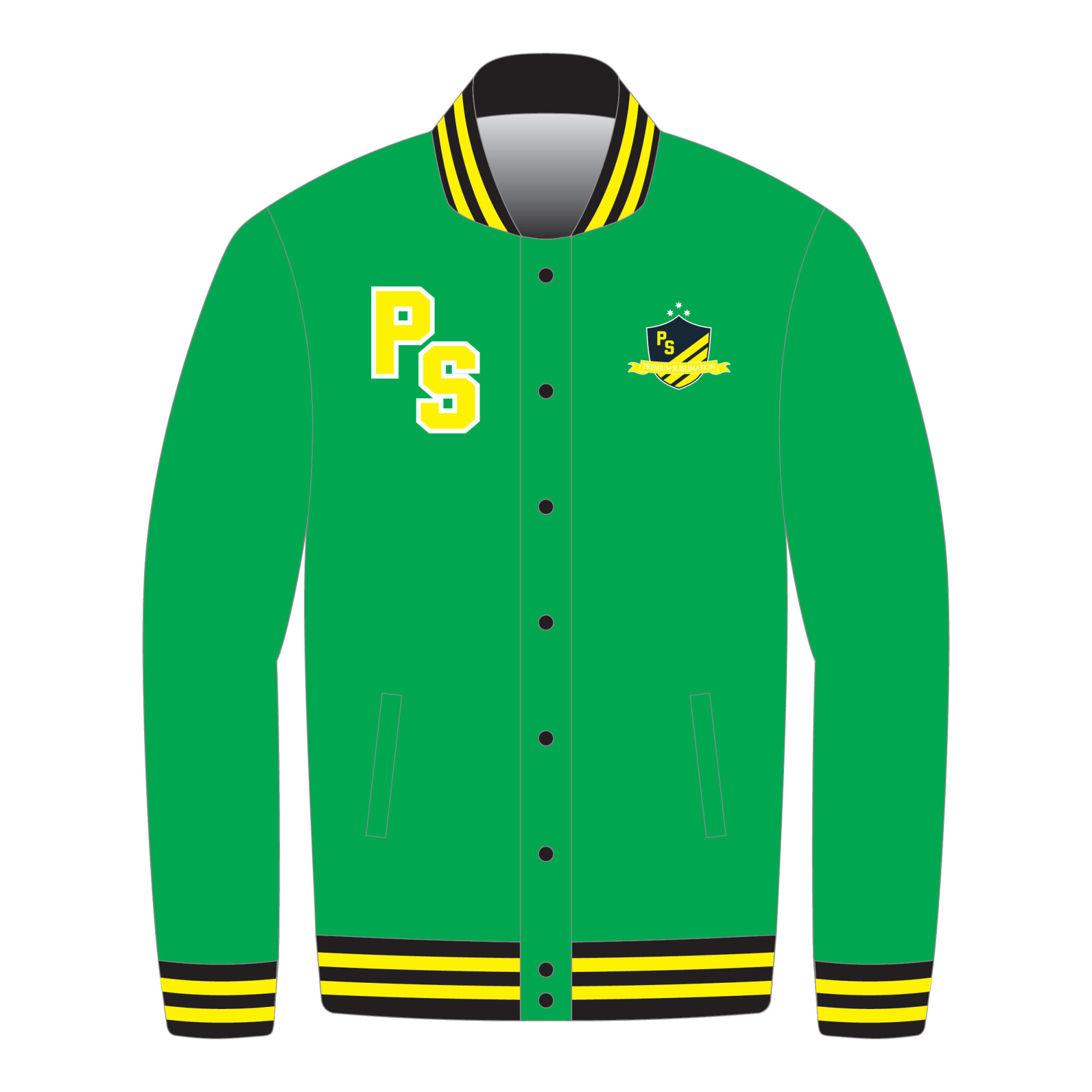 A green varsity jacket featuring a black and yellow striped collar and cuffs, with a logo on the chest.