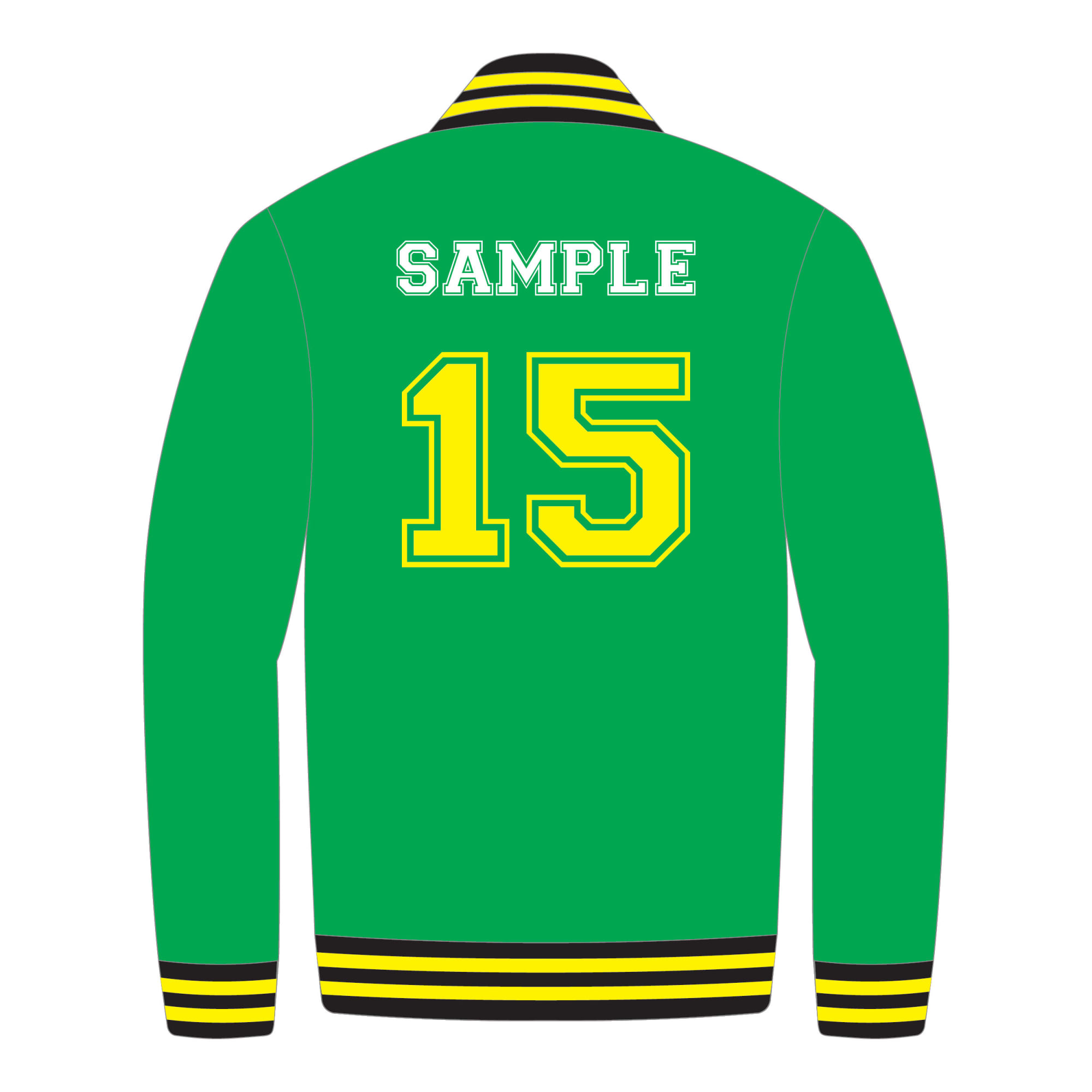 A green varsity jacket featuring a yellow striped collar and a large yellow number "15" on the back.