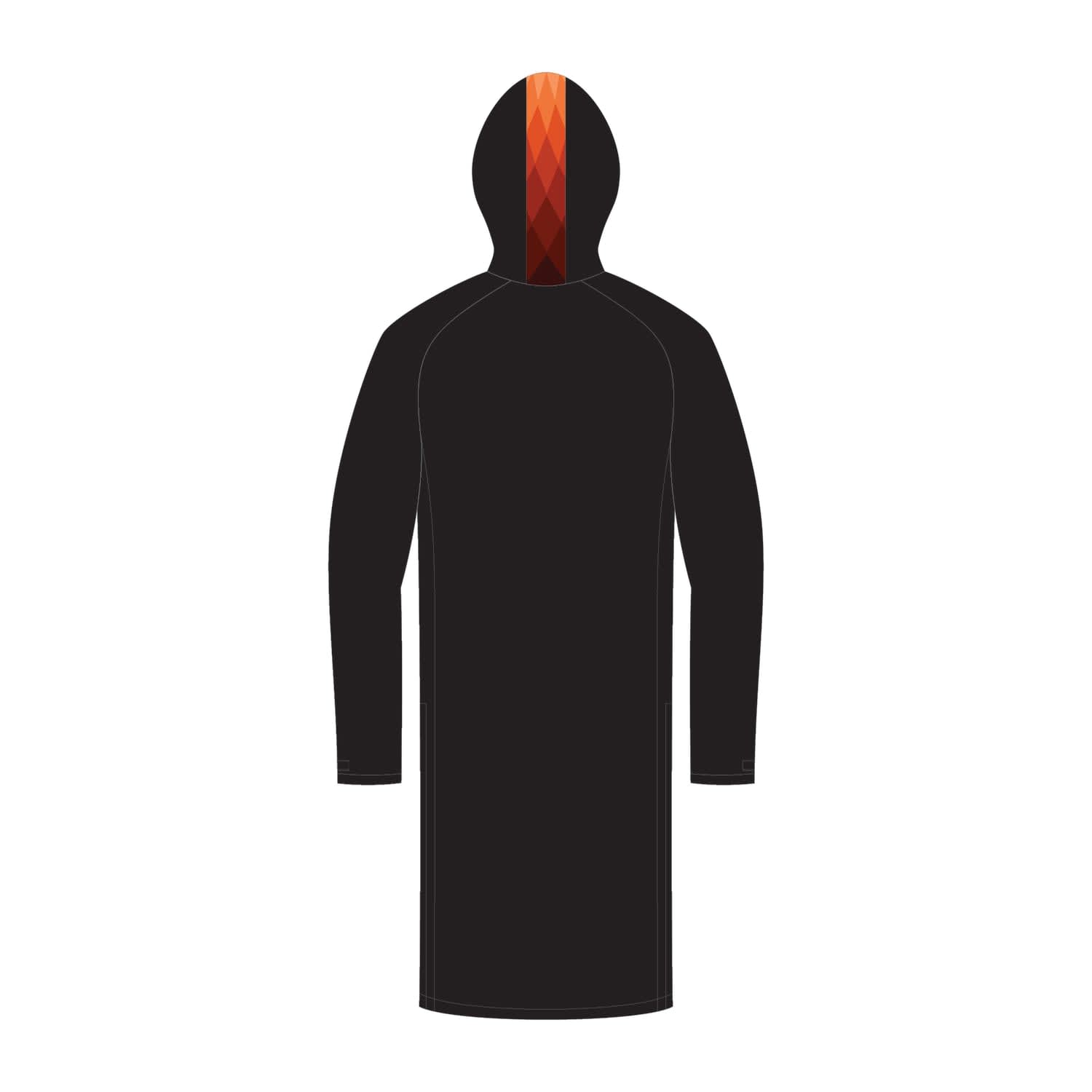 A black track jacket with a colourful, geometric design on the hood and a logo.