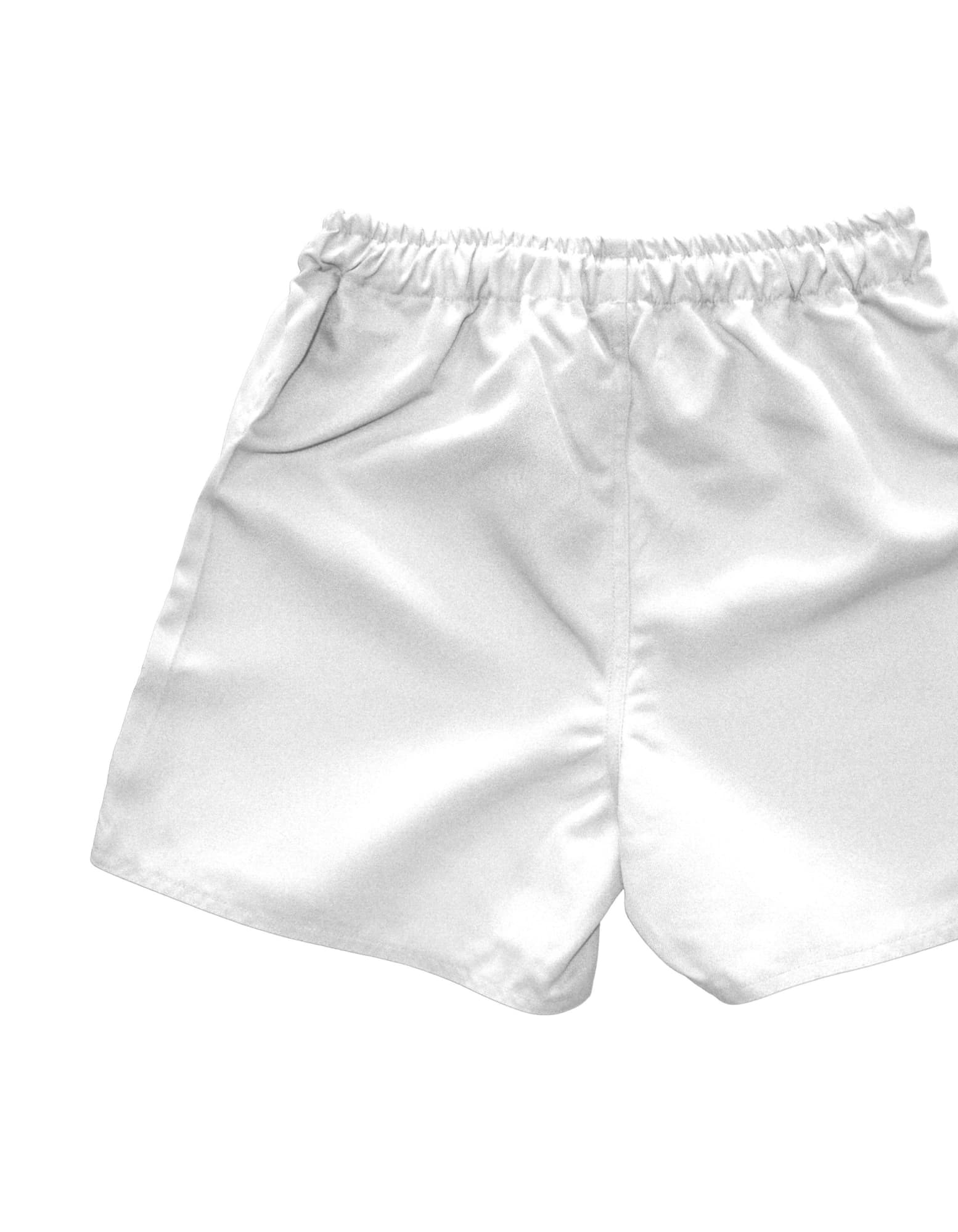 White youth rugby shorts with an elastic waistband, featuring a logo on the front. Designed for sports use.