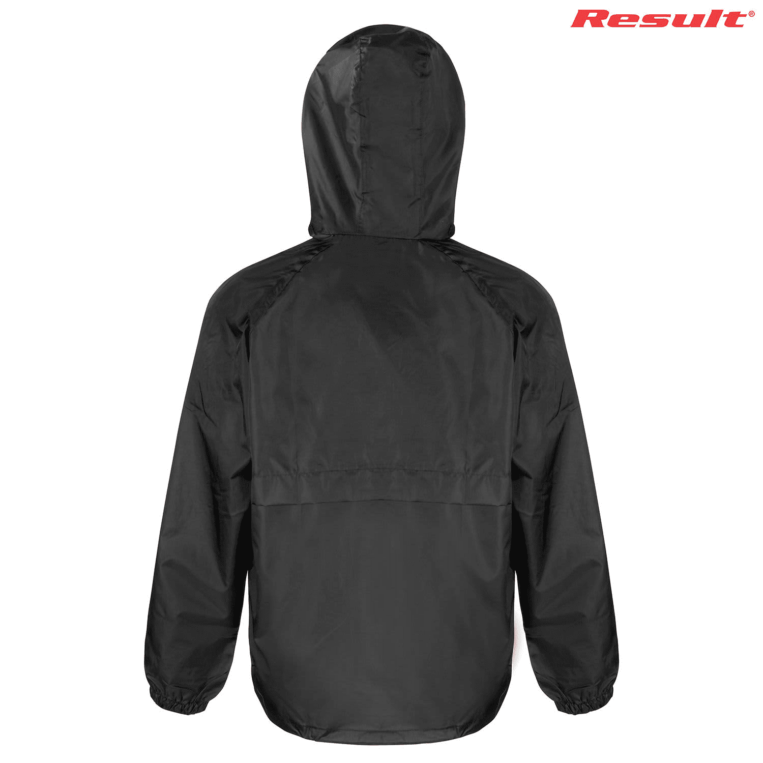 A lightweight black rain jacket with a hood, featuring a simple design and elastic cuffs. It has a logo.