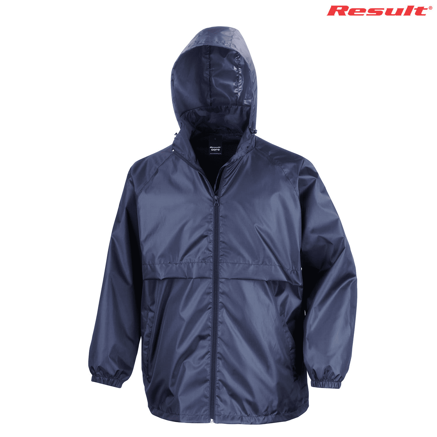 A navy blue lightweight jacket with a hood, featuring elastic cuffs and a logo on the upper right.