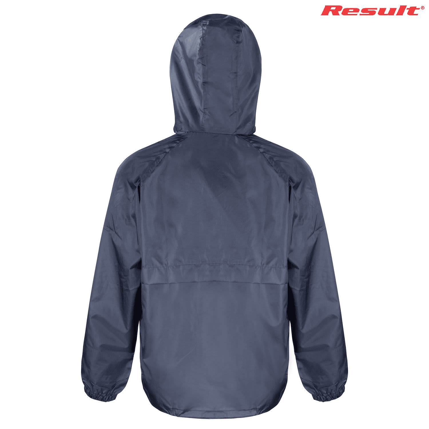 A navy blue lightweight rain jacket featuring a hood and elastic cuffs, with a branding logo on the top right.
