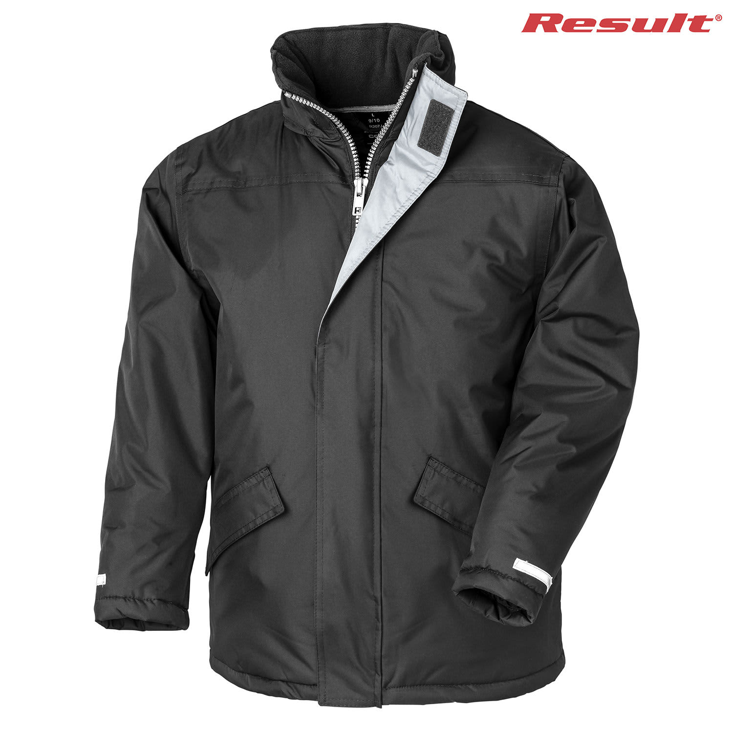 A black winter parka featuring a zip front, high collar, and two side pockets, with a logo in the corner.