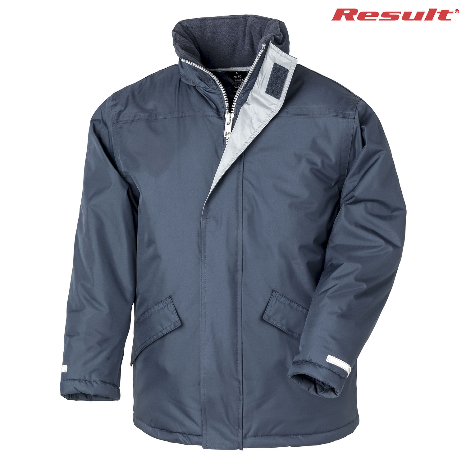 A dark navy winter parka with a high collar, zip closure, and two side pockets, featuring a logo.