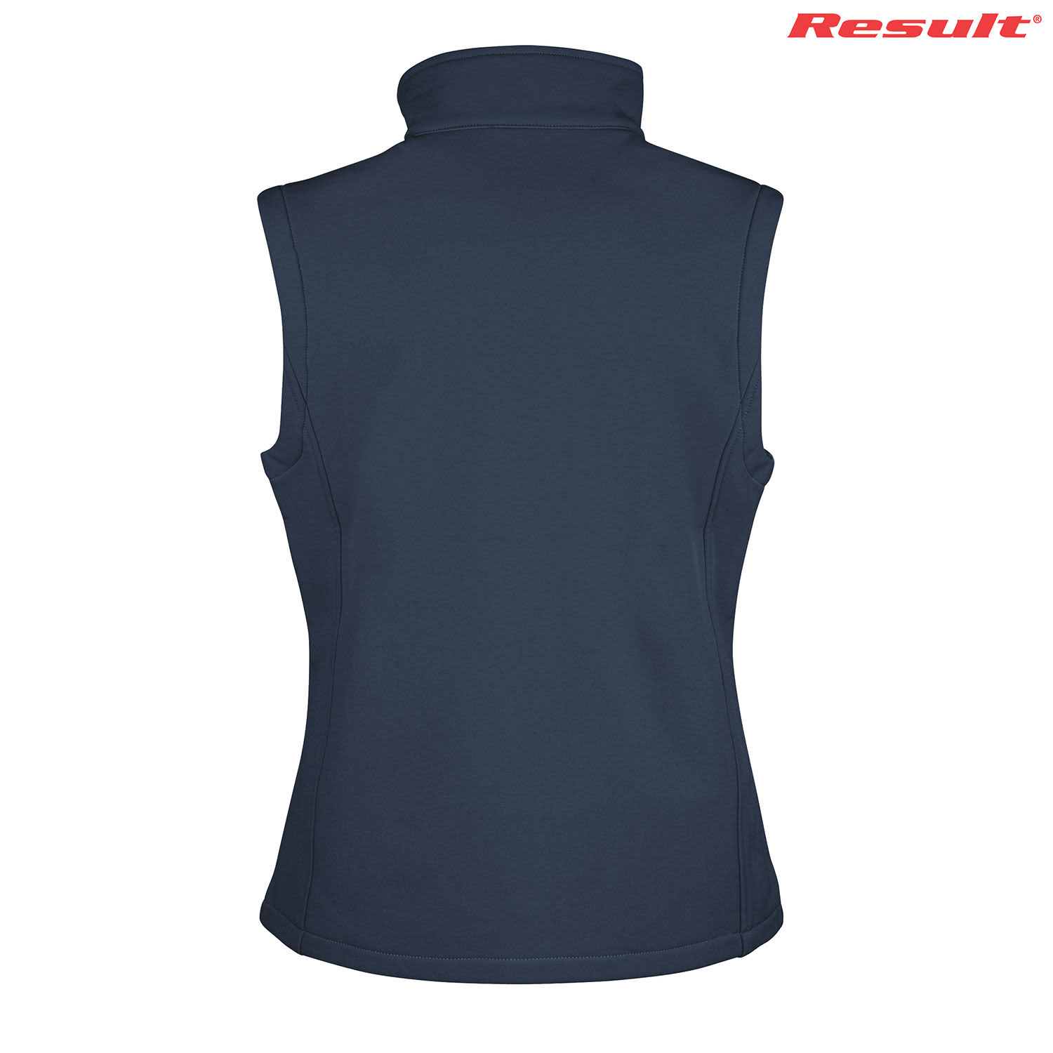 A navy blue ladies' softshell vest featuring a high collar and a logo on the upper right.