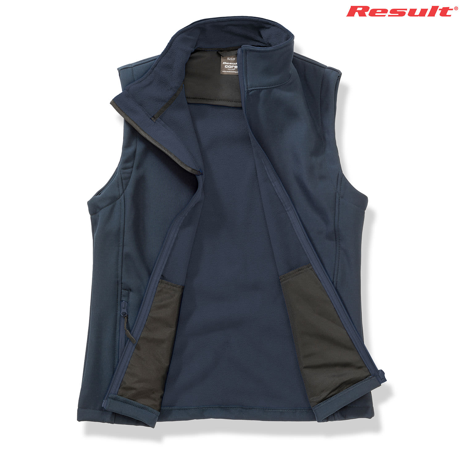 A dark navy softshell vest with an open front and two side pockets, featuring a branding logo.