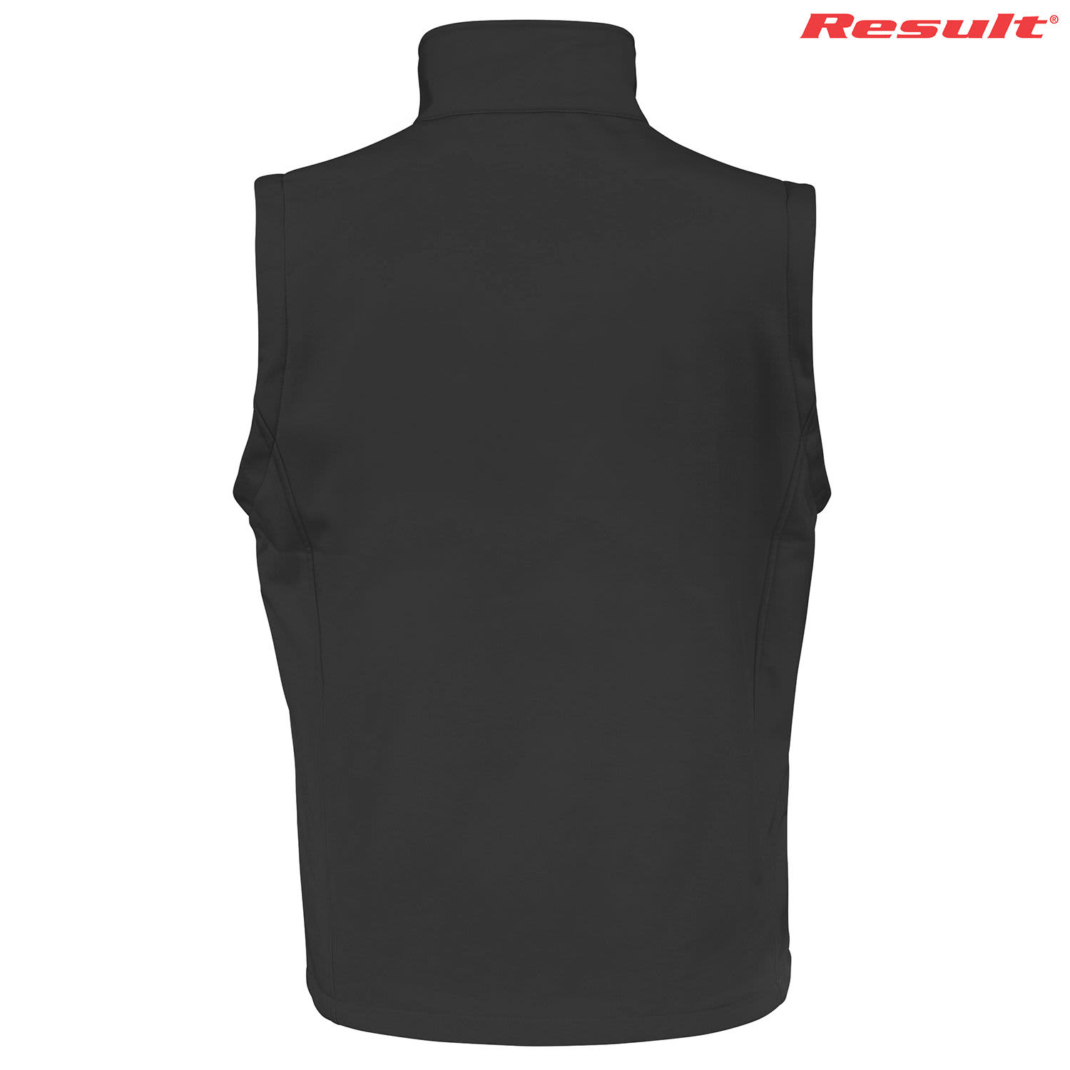 A black softshell vest featuring a high collar and a logo at the top.