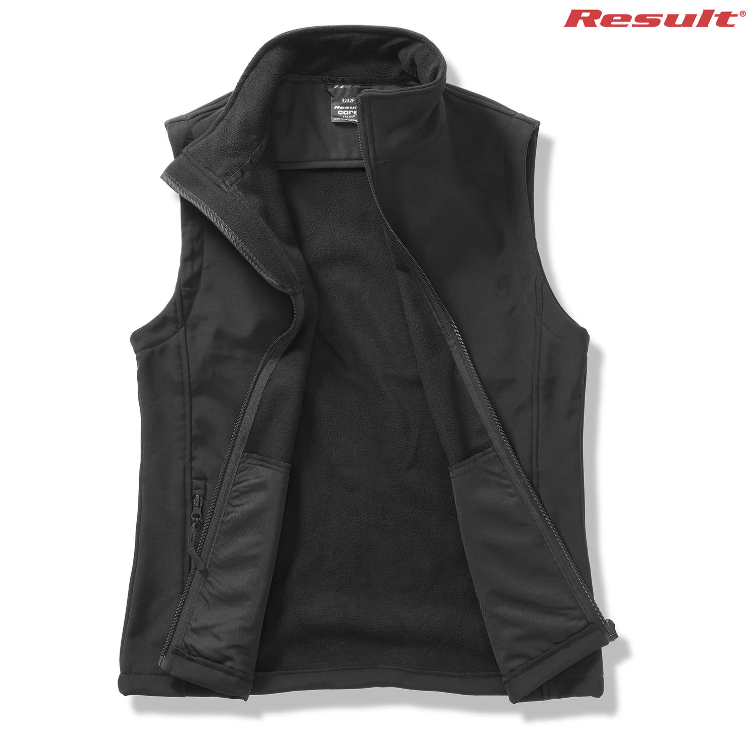 A black adult softshell vest with a smooth exterior and fleece lining, featuring a zip closure and a logo.