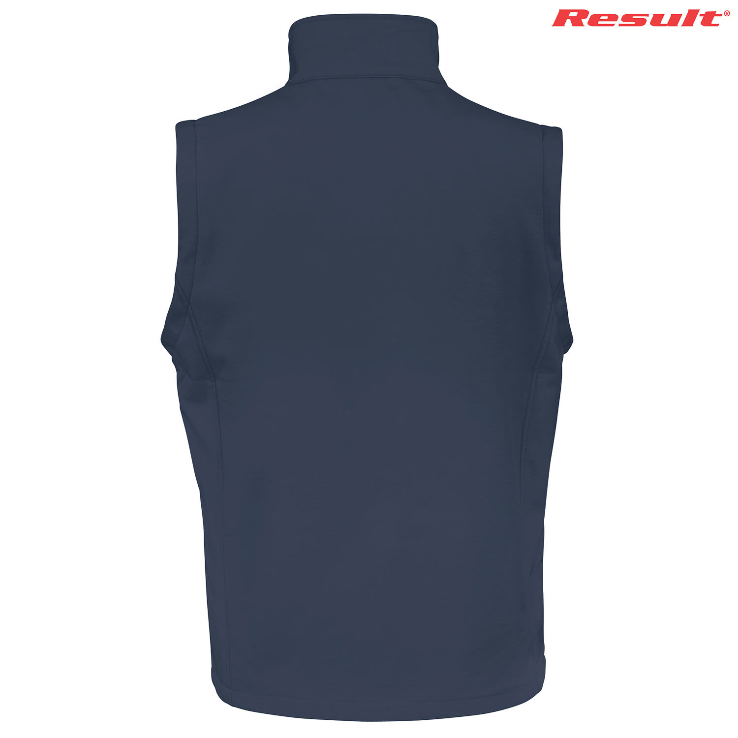 A navy adult softshell vest with a high collar and a branded logo at the top.