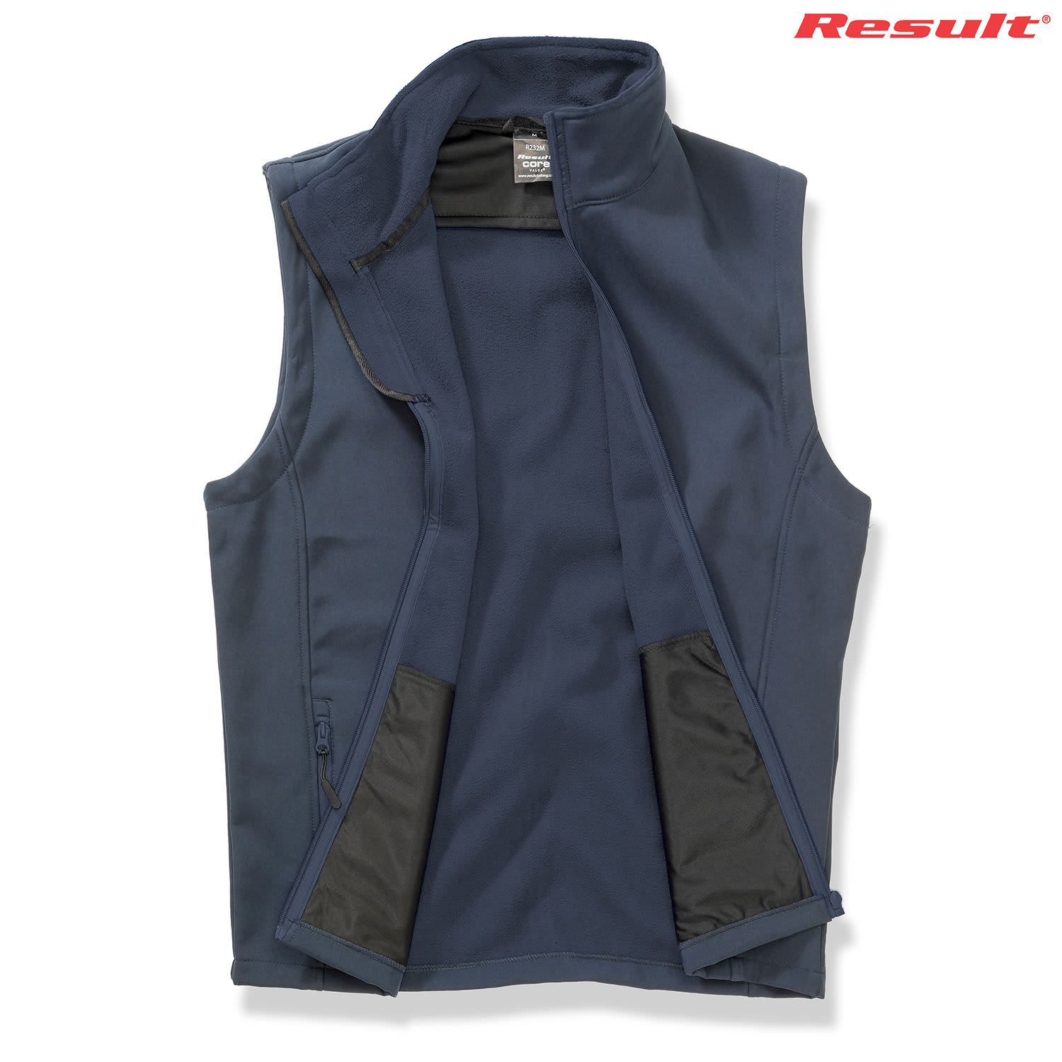 A navy blue softshell vest with a zip closure and side pockets, featuring a branded logo.