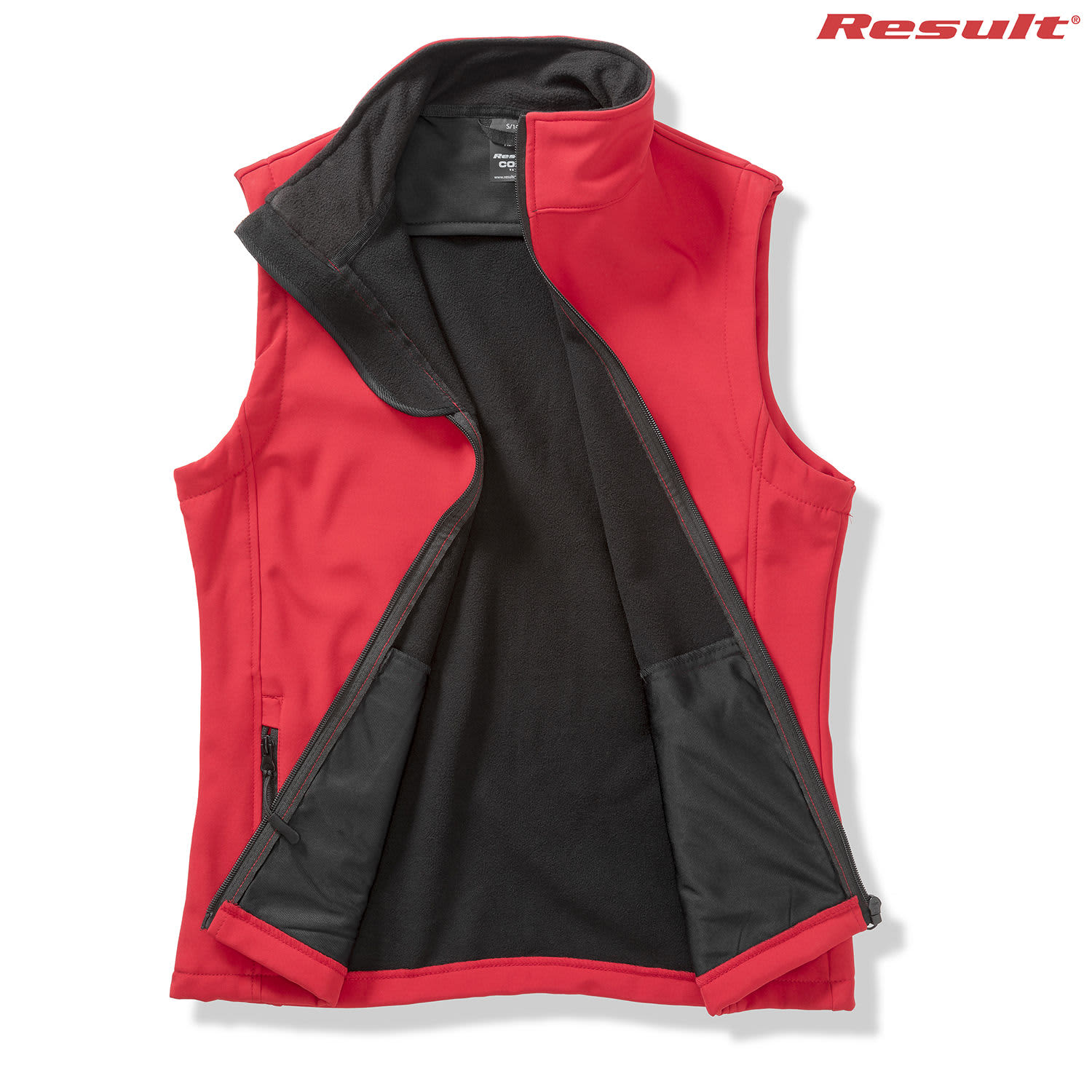 A red softshell vest with a black interior and a high collar, featuring a logo on the top right.