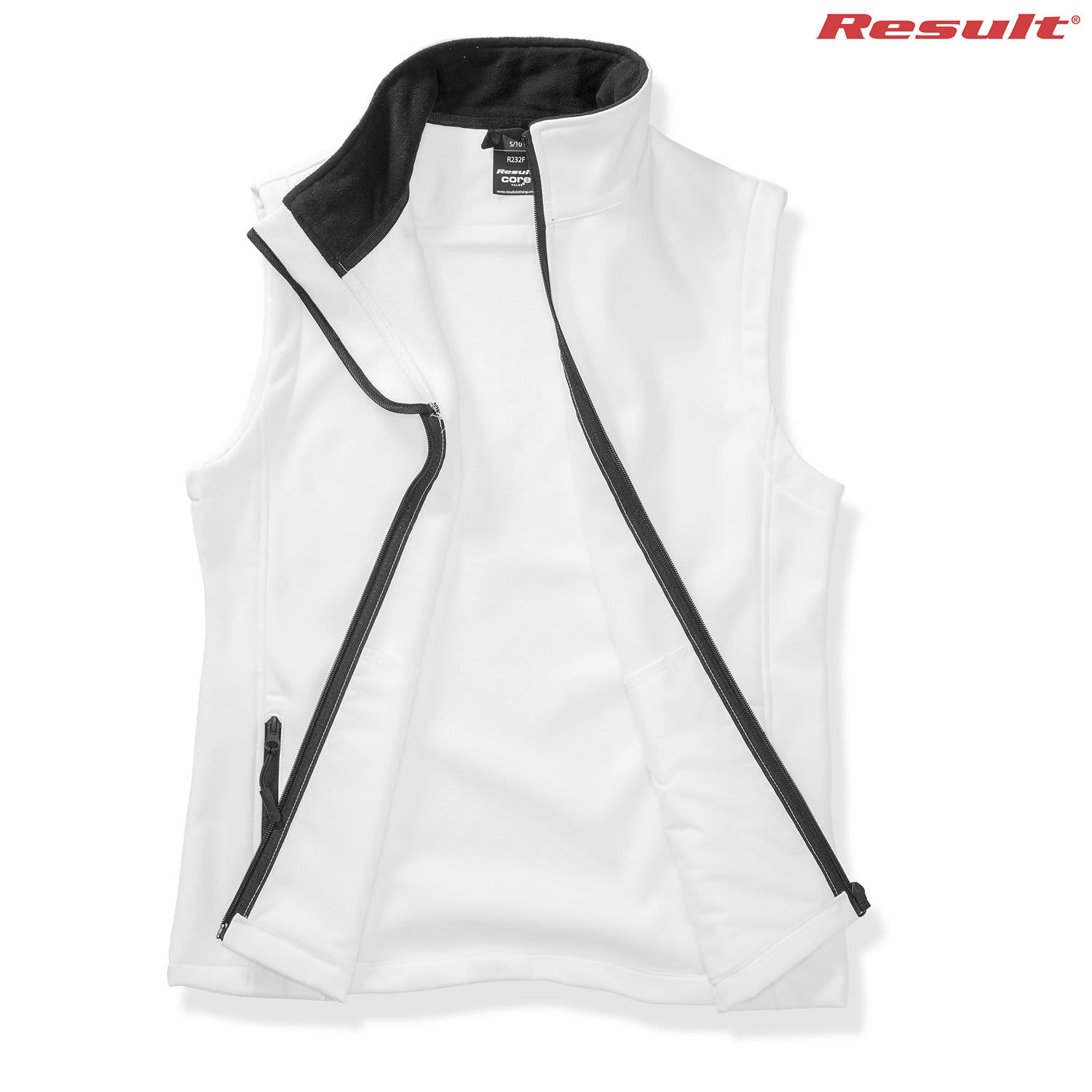 A white softshell vest with a black interior and zippers, featuring a logo.