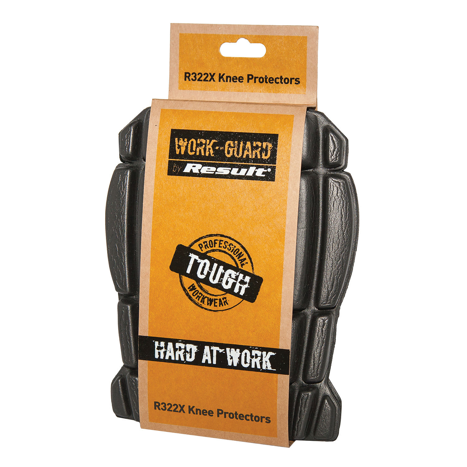 Work-Guard knee protectors in black packaging, featuring a tough design, and a logo on the front.