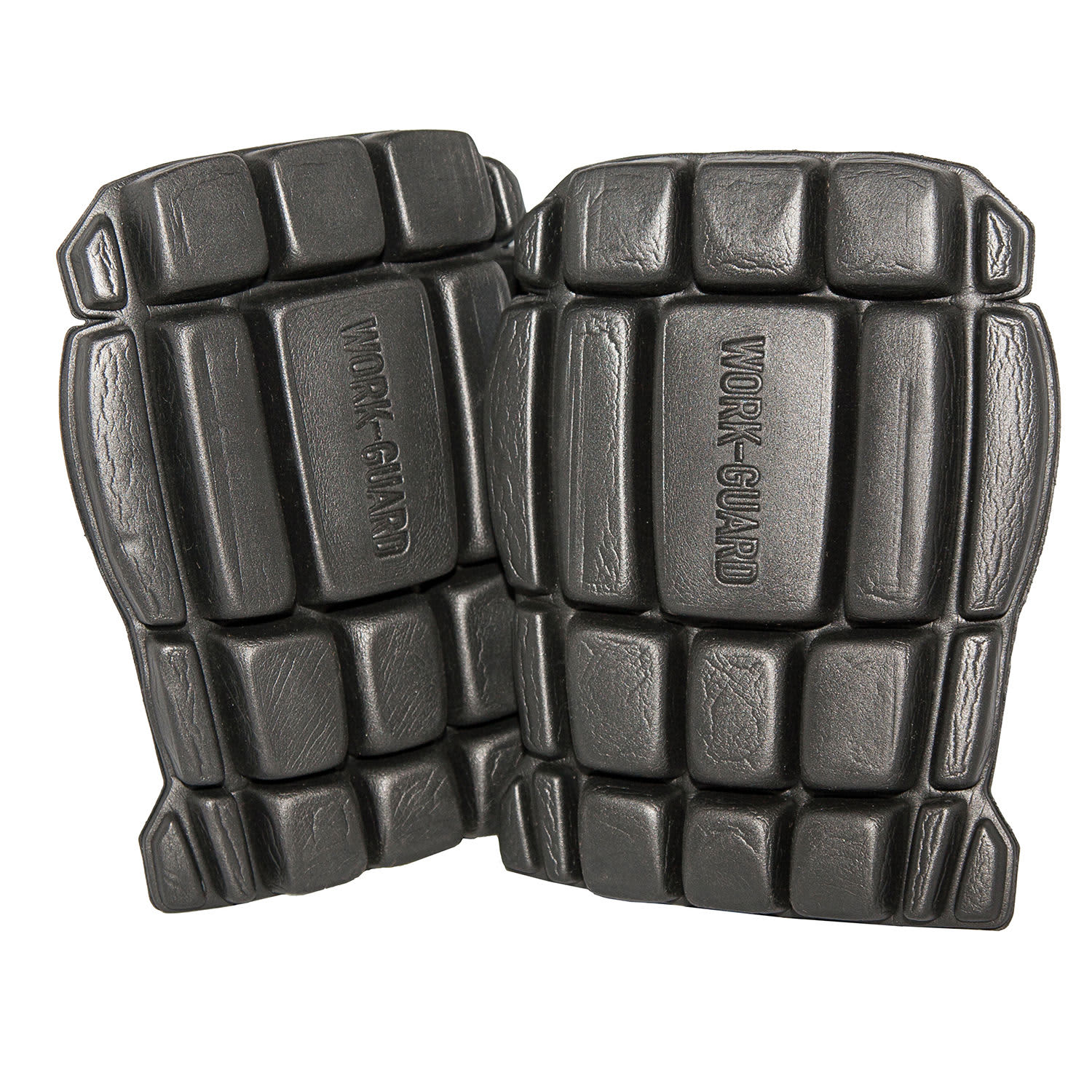 Black knee protectors with a textured surface, featuring a logo, designed for workwear.