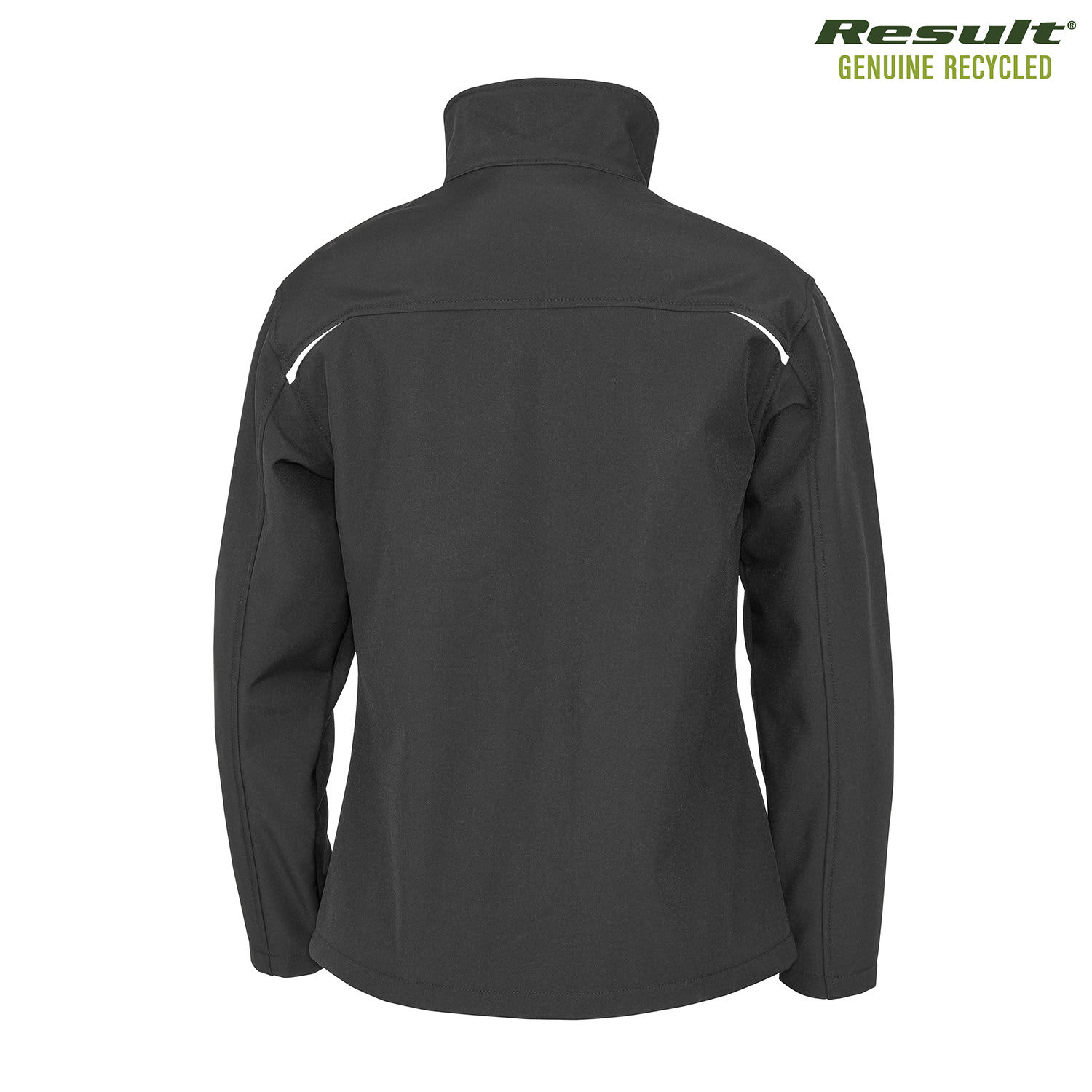 A black women's softshell jacket with a high collar and white detailing. It features a logo.