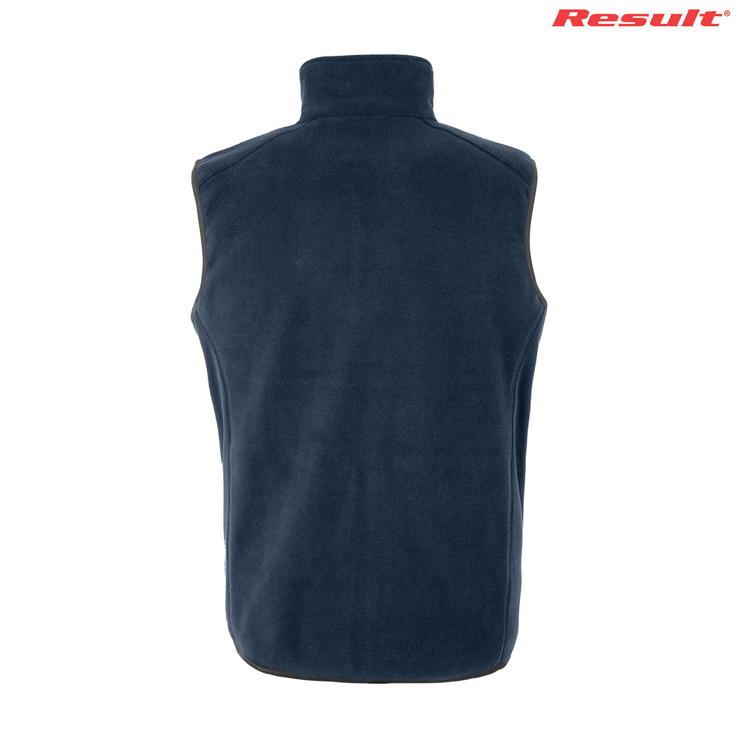 A navy blue recycled fleece polarthermic vest with a high collar and a logo on the top right.