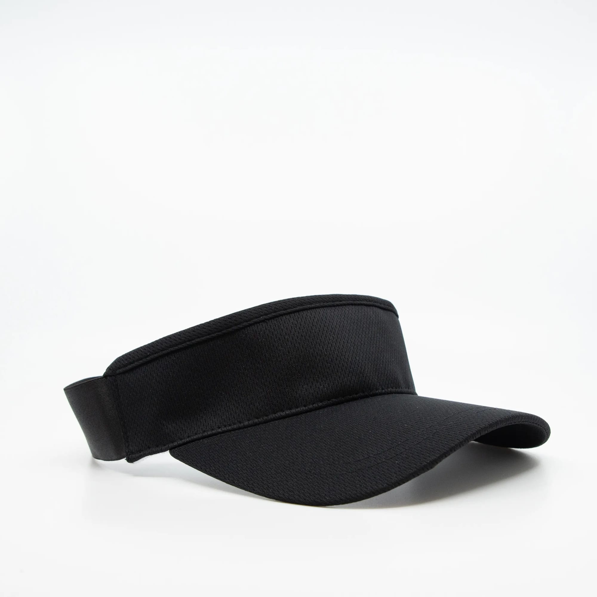 A black elastic visor with a wide brim and adjustable back, featuring a logo on the side.