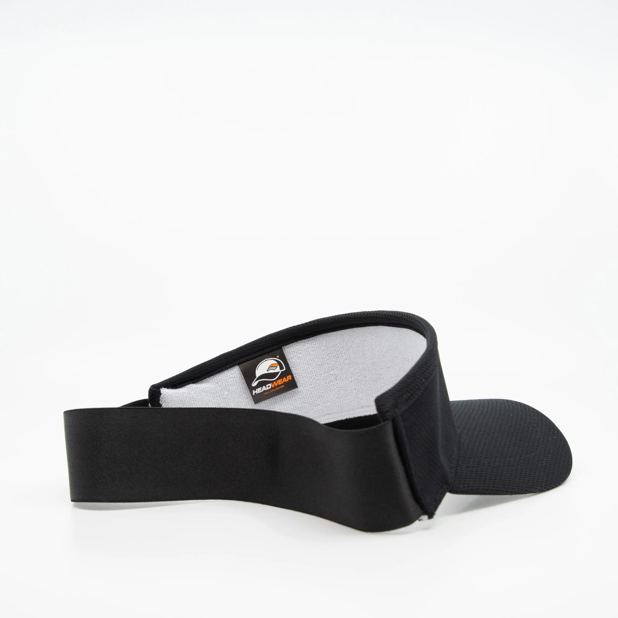 A black elastic visor with a curved brim and an inner lining, featuring a logo on the inside.