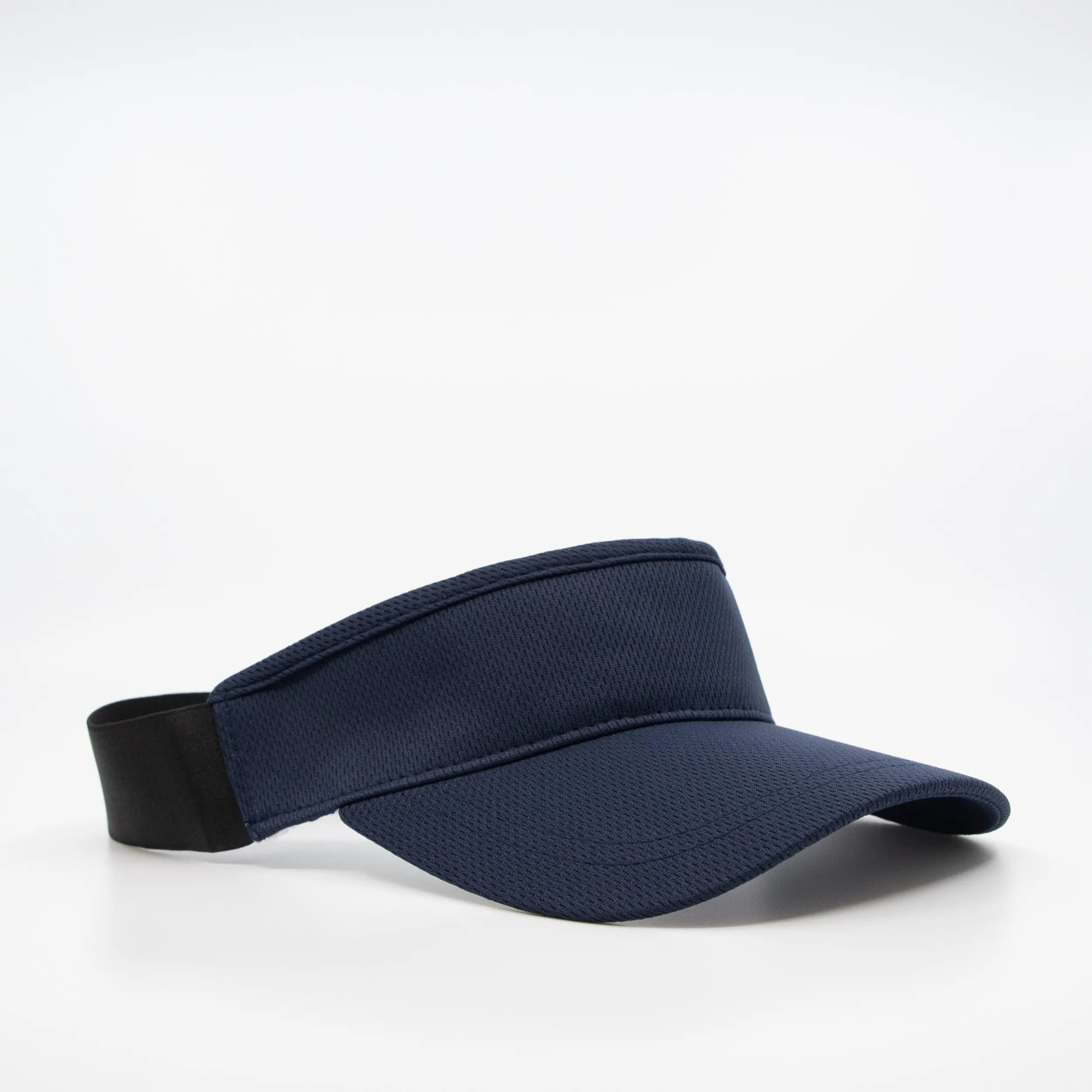 A navy elastic visor with a wide brim and black adjustable strap, featuring a logo on the front.
