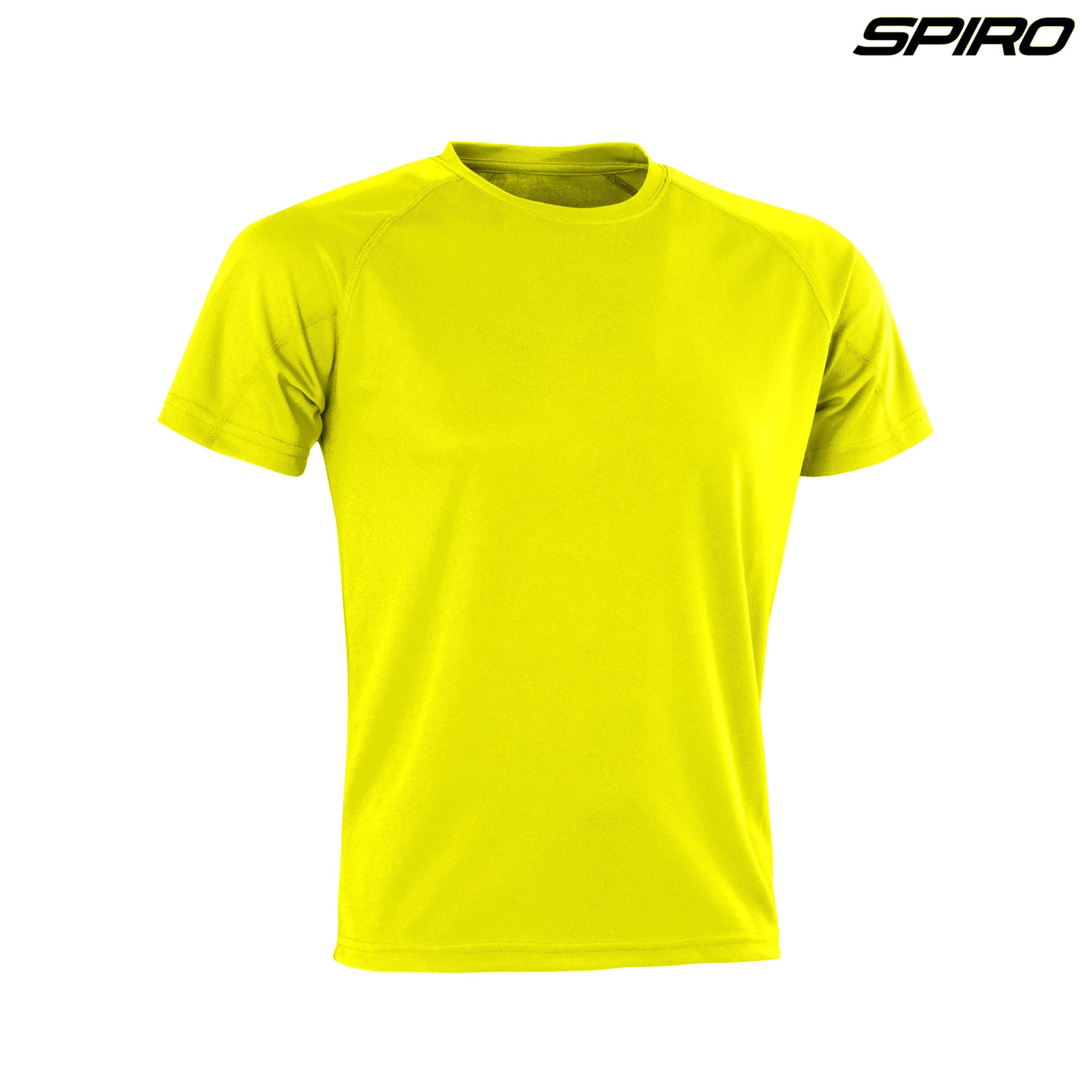 A bright yellow adult t-shirt with a crew neck and short sleeves, featuring a logo on the side.