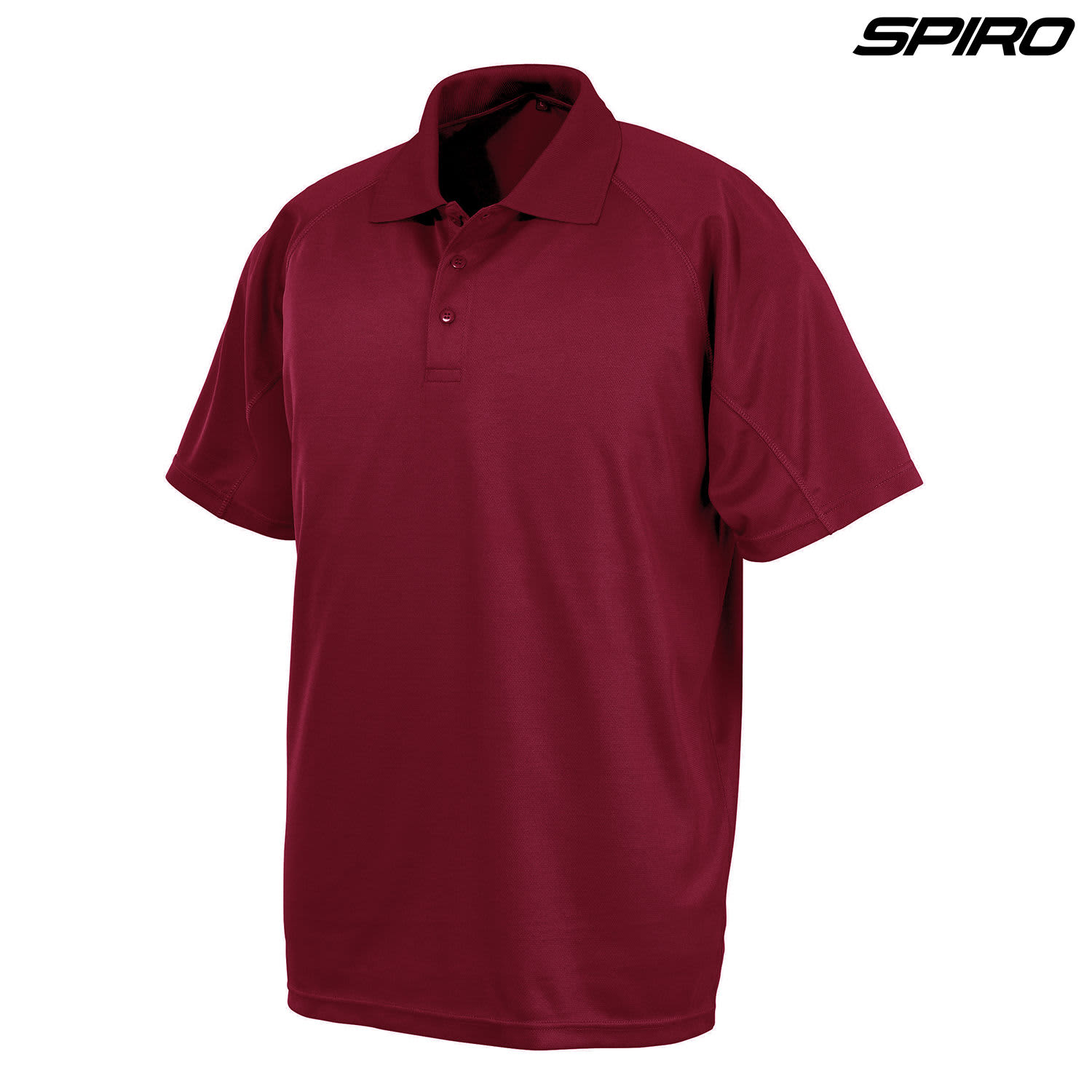 A maroon polo shirt with short sleeves, featuring a collar and a logo.