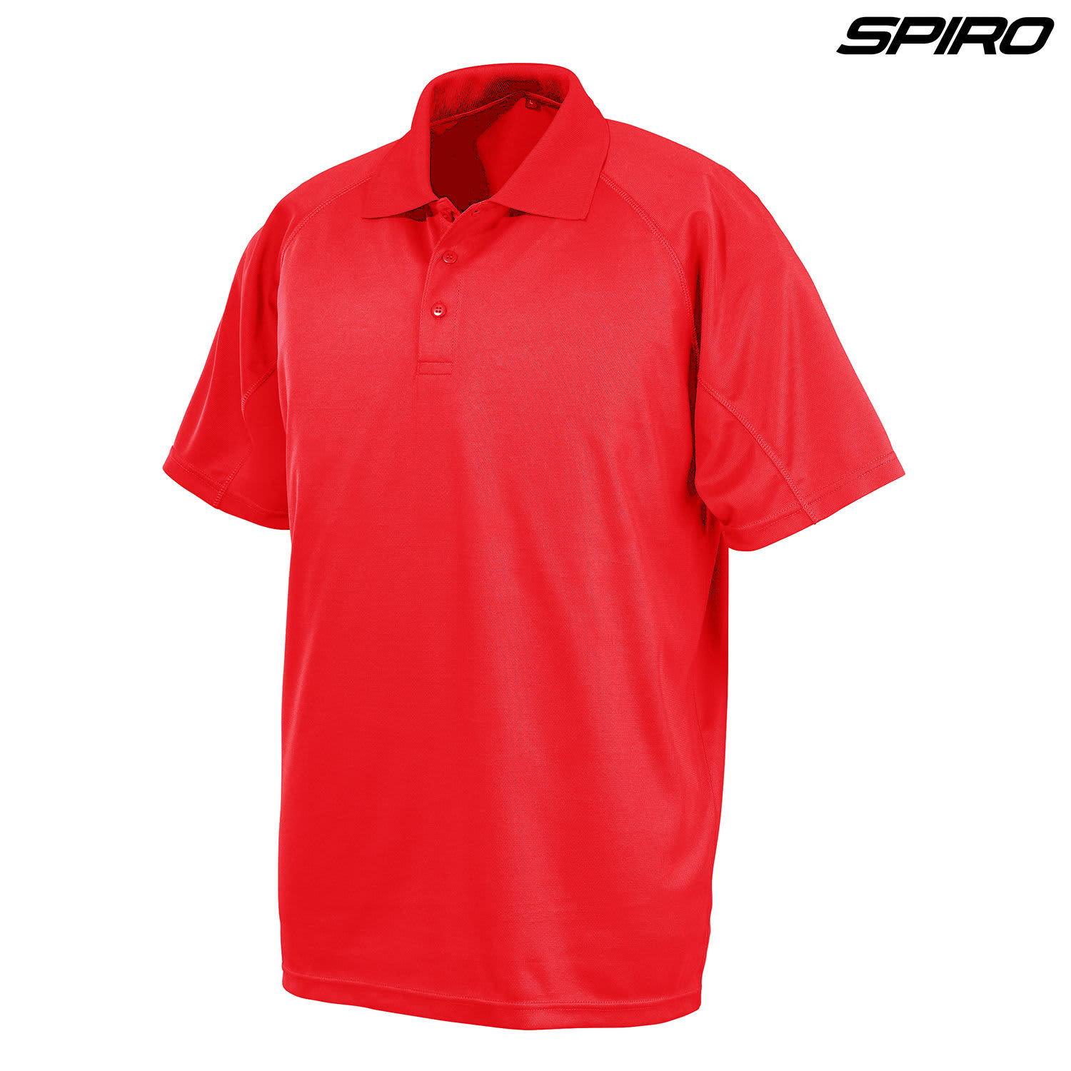 A red polo shirt with a collar and short sleeves, featuring a logo.
