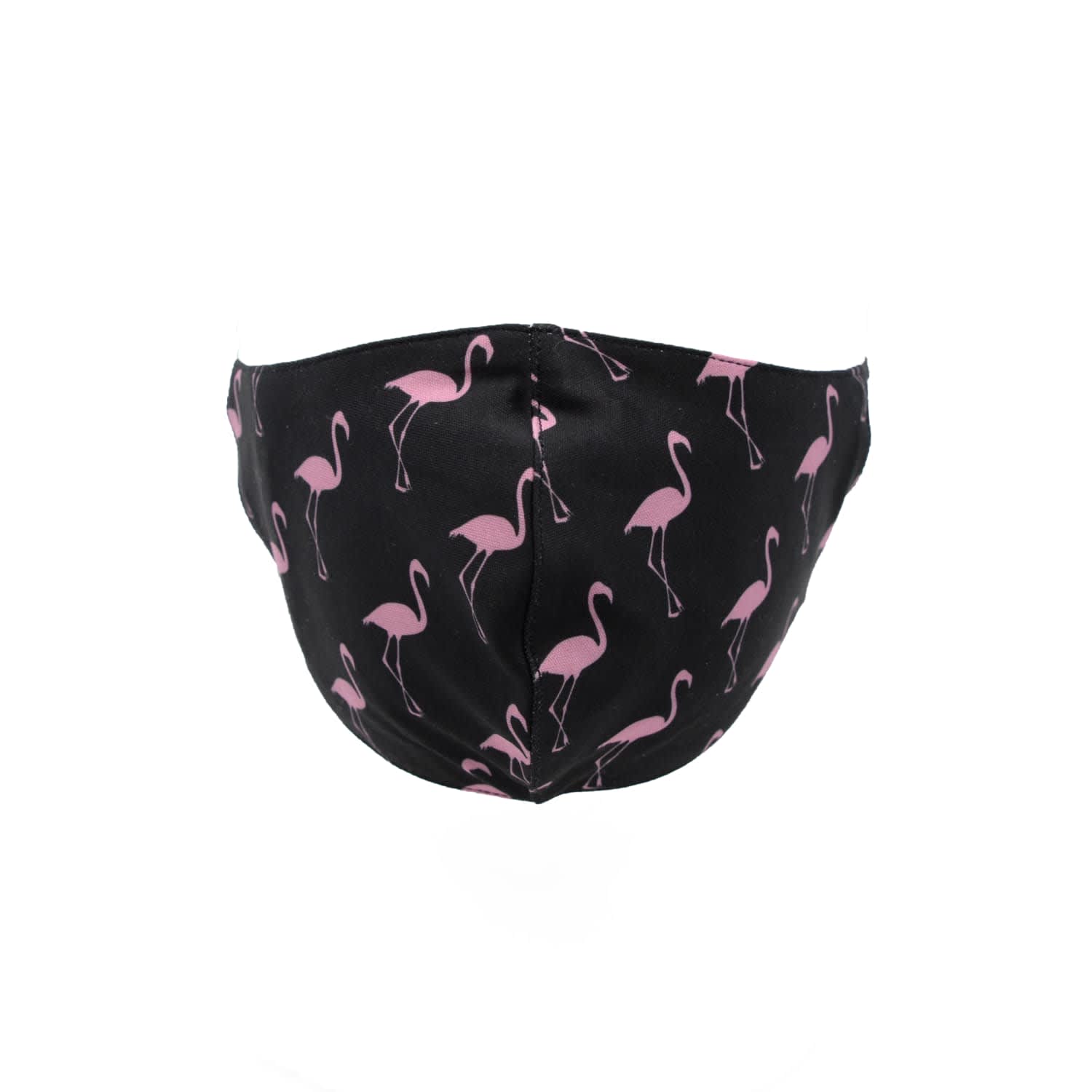 A black face mask featuring a pink flamingo pattern, made from 100% cotton with a label attached.