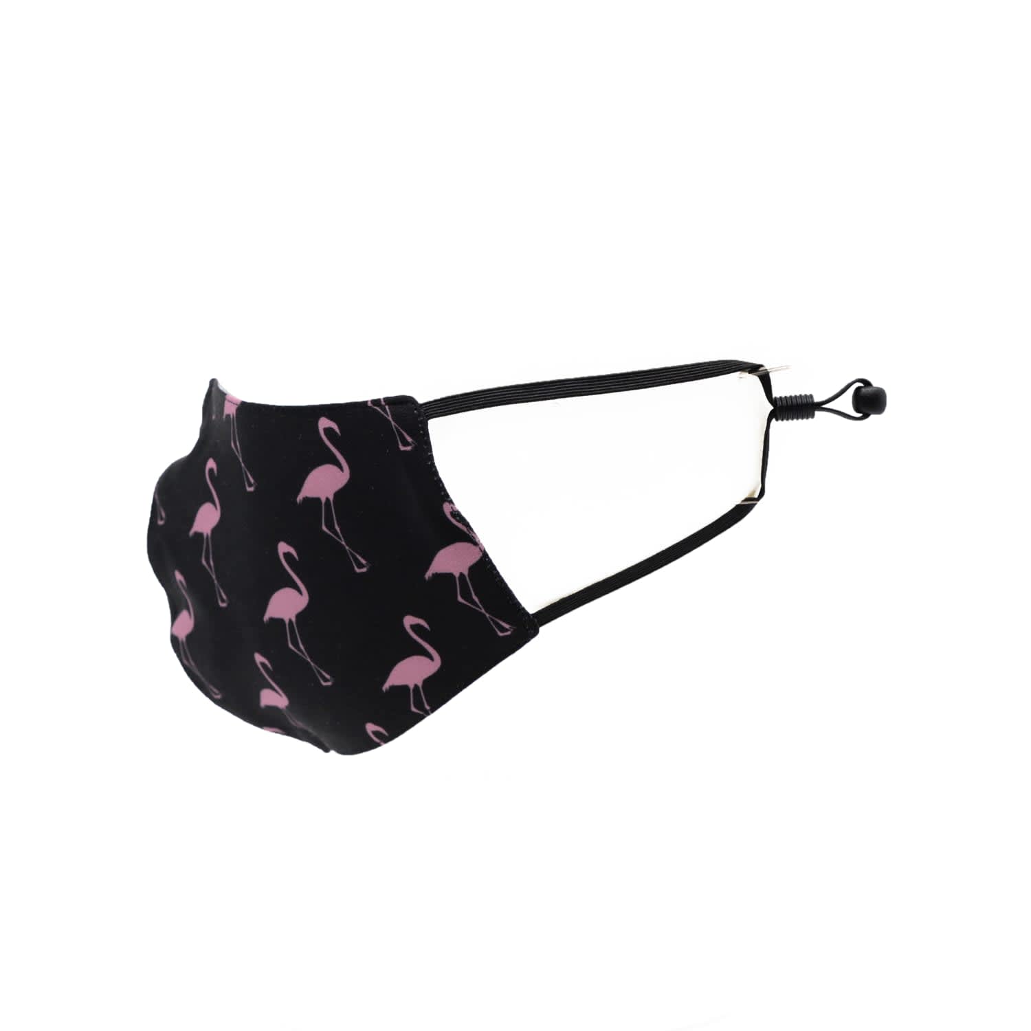 A black face mask featuring pink flamingo patterns, with adjustable ear straps and a breathable design.