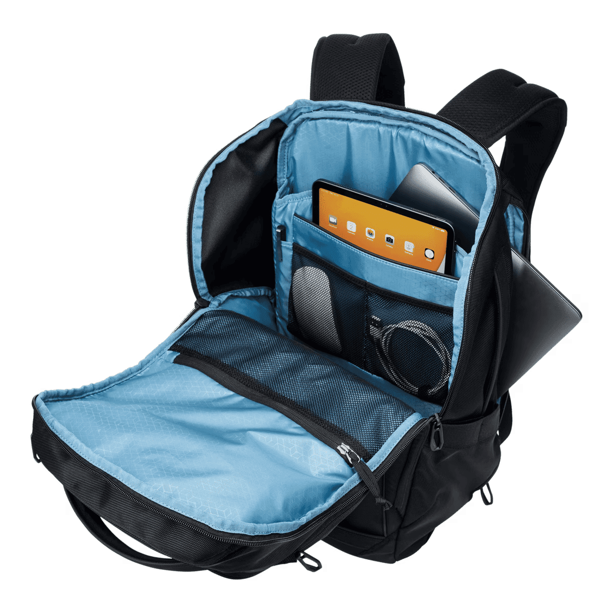 A black backpack with a blue interior, featuring compartments for a tablet, documents, and accessories.