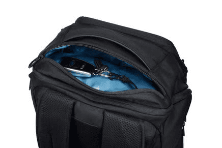 A black backpack with a blue interior, featuring a zippered pocket and a clip for securing items.