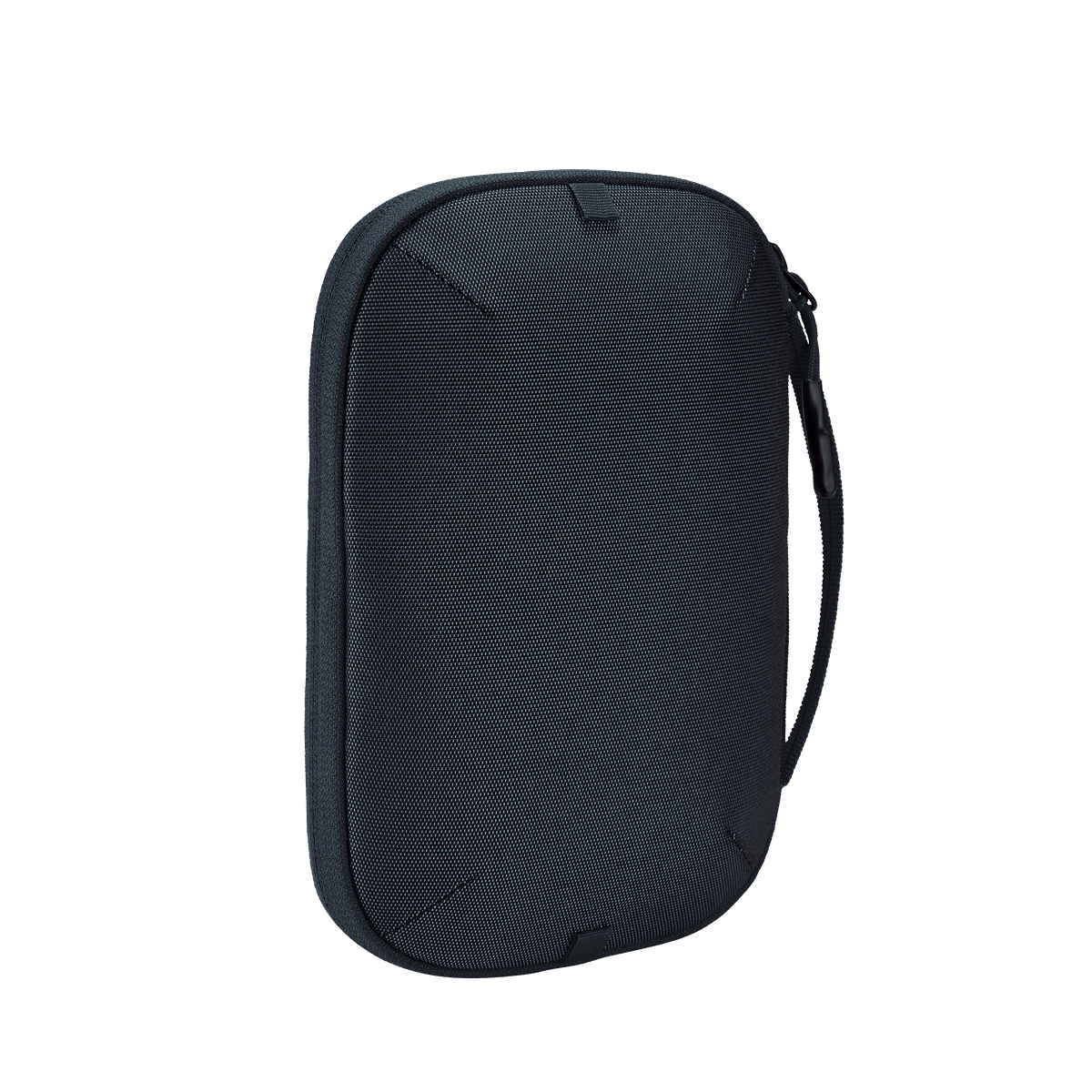 A dark blue electronics organiser with a sleek design and a wrist strap for easy carrying. It features a logo.