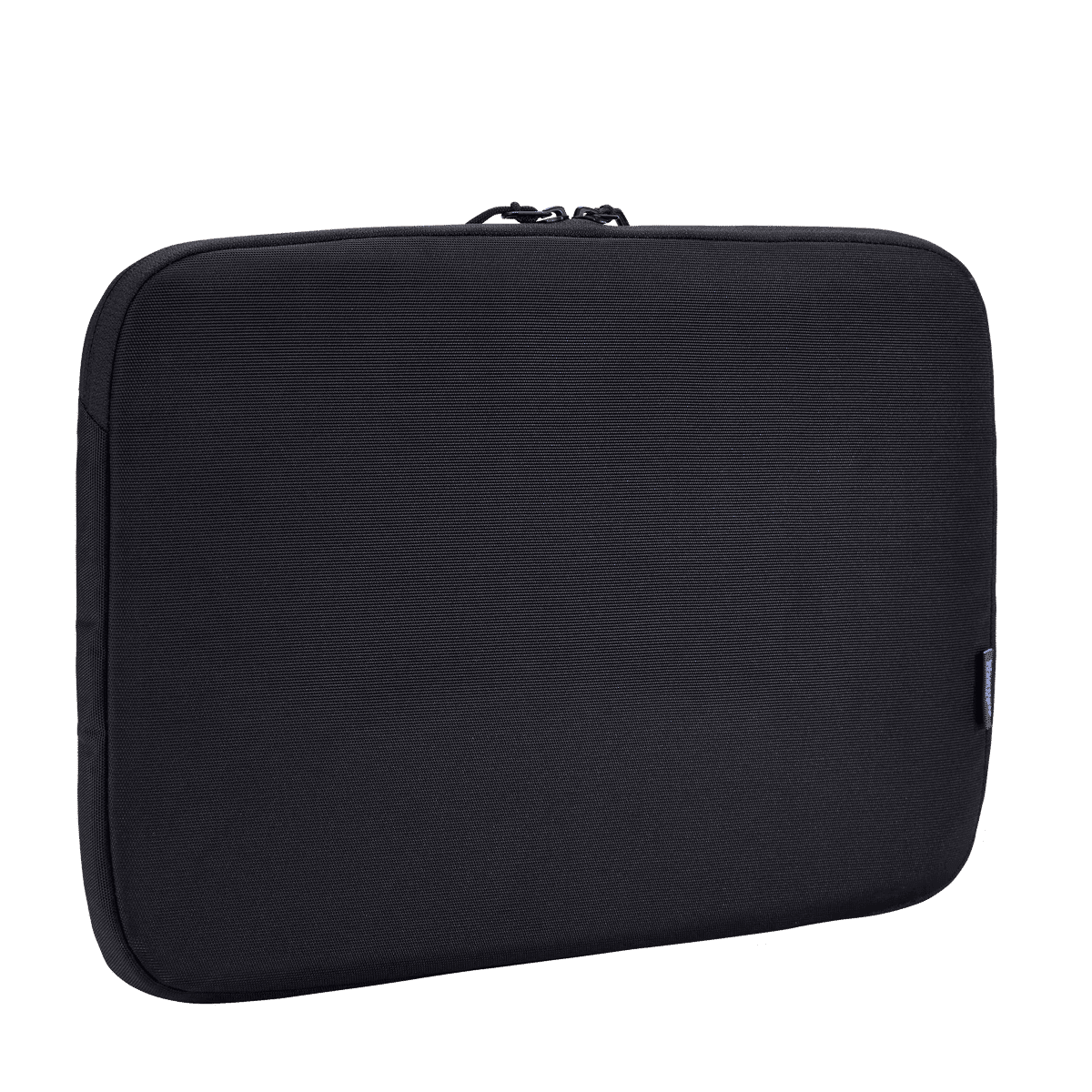 A 16-inch laptop sleeve in black, featuring a simple design and a logo on the side.