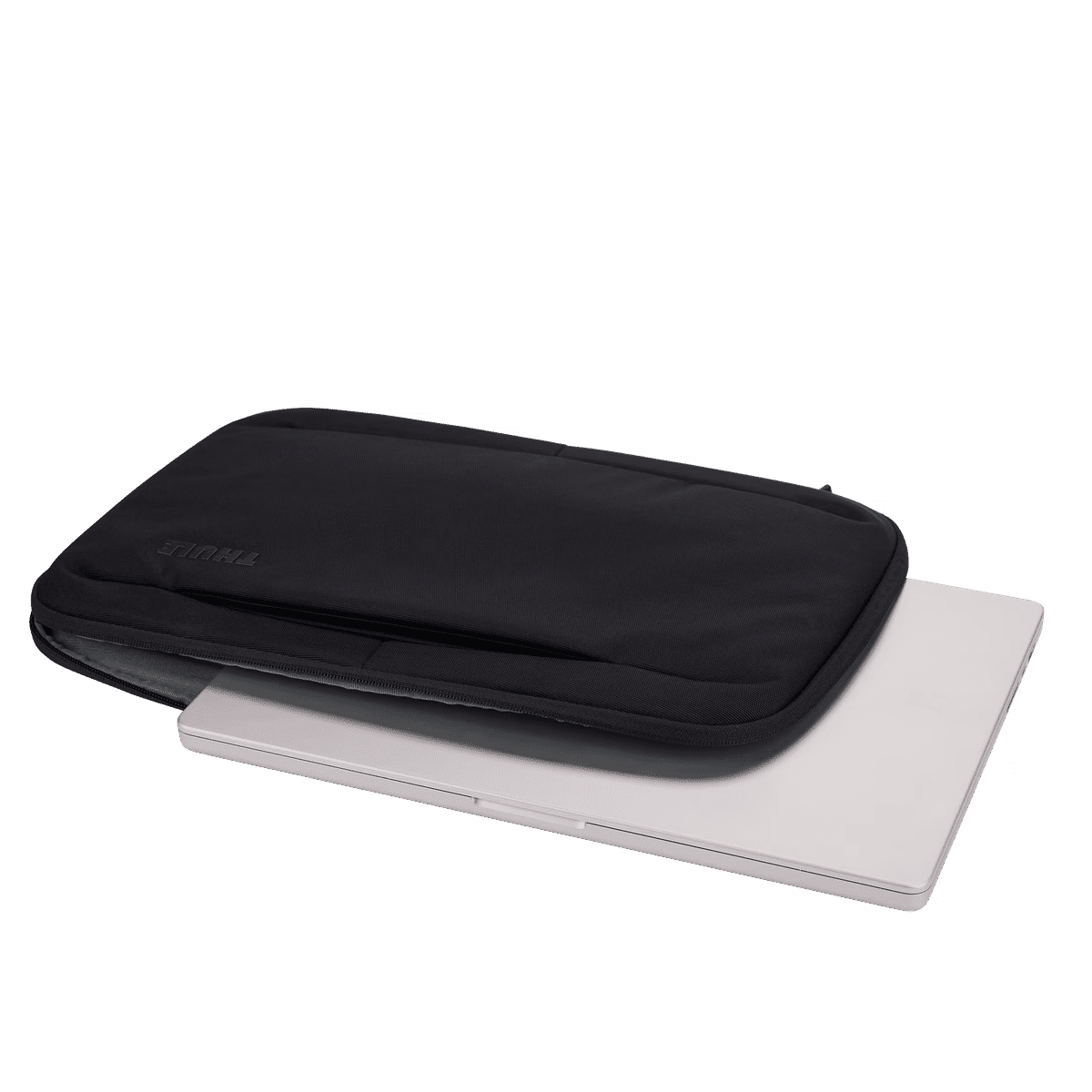 A black laptop sleeve placed over a white laptop, featuring a simple design and a logo.
