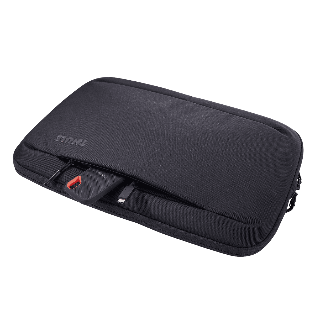 A black laptop sleeve featuring a zipper and a storage pocket for accessories. It includes a logo.