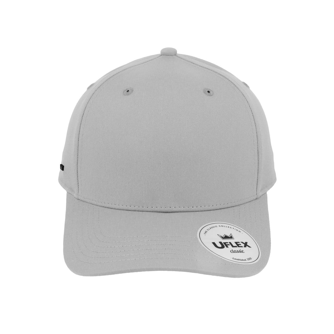 A grey classic 5 panel cap with a curved brim and a logo on the side.