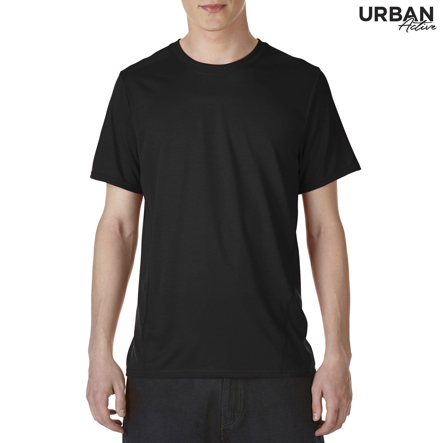 A black adult tech tee featuring a crew neck design and short sleeves, with a logo on the upper right.
