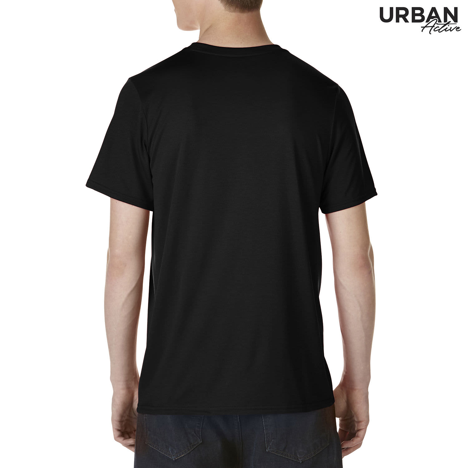 A black adult tech tee shirt displayed from the back, featuring a logo on the upper side.
