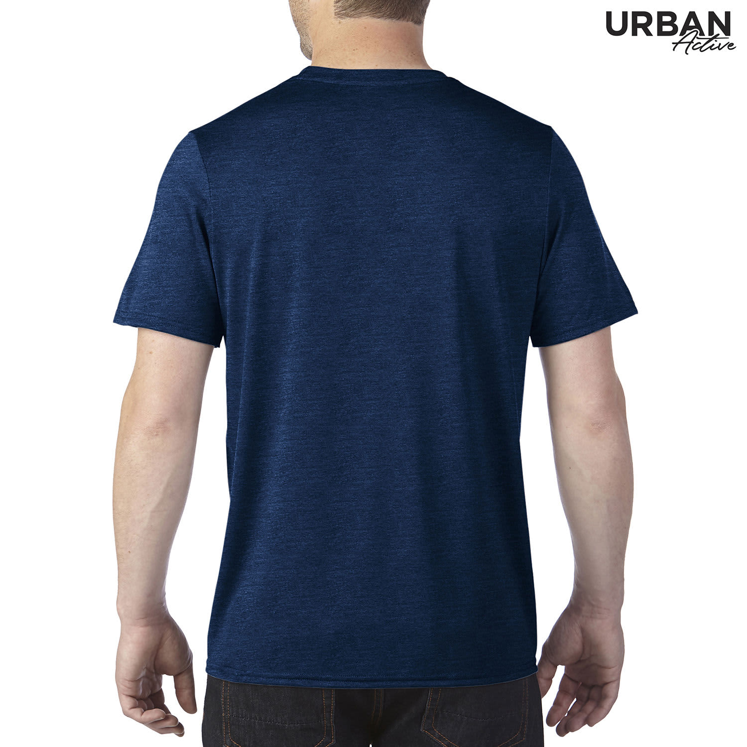 A navy blue adult tech tee with a plain back and short sleeves, featuring a logo on the upper right.