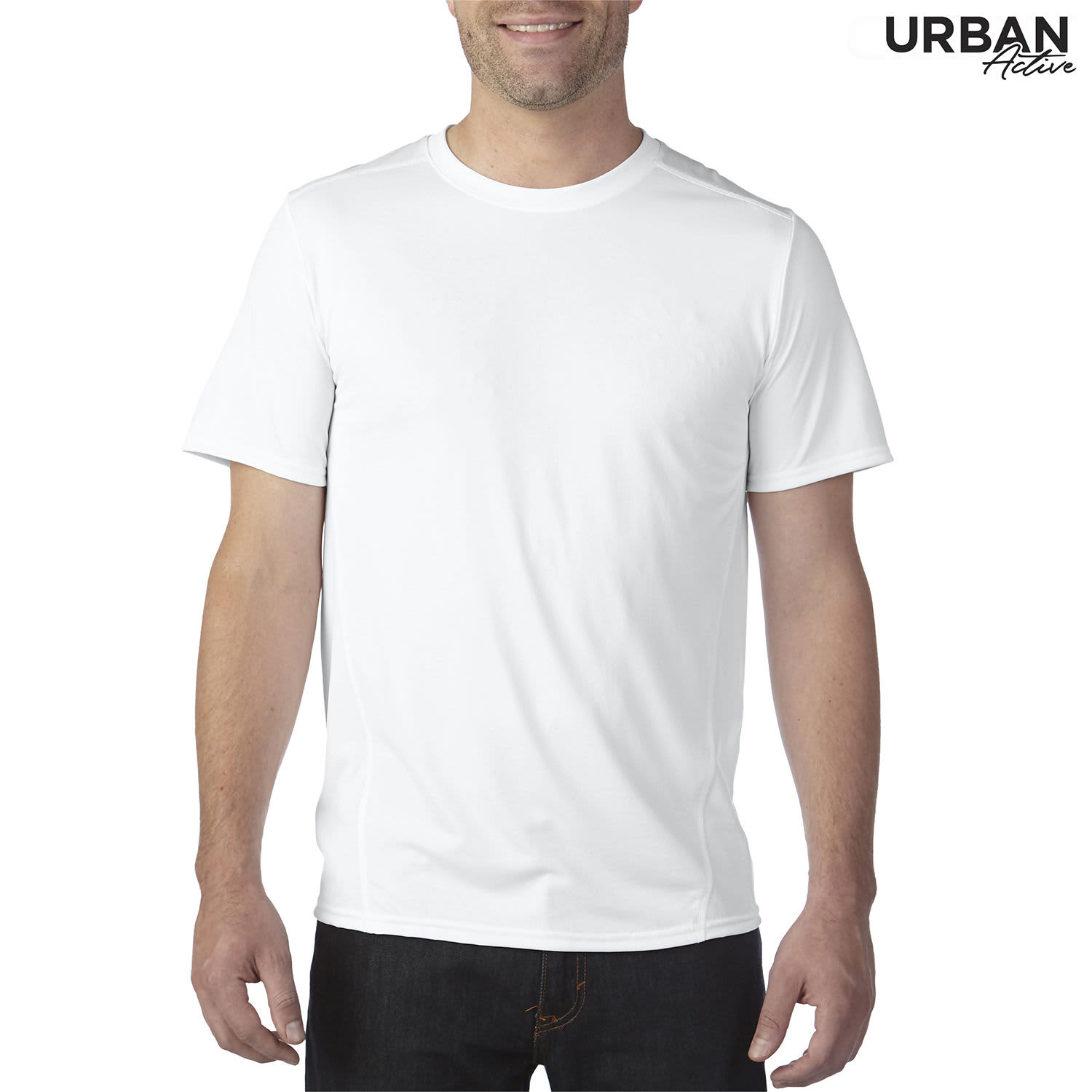 A white, short-sleeved men's tech t-shirt with a fitted design and a logo on the upper right.