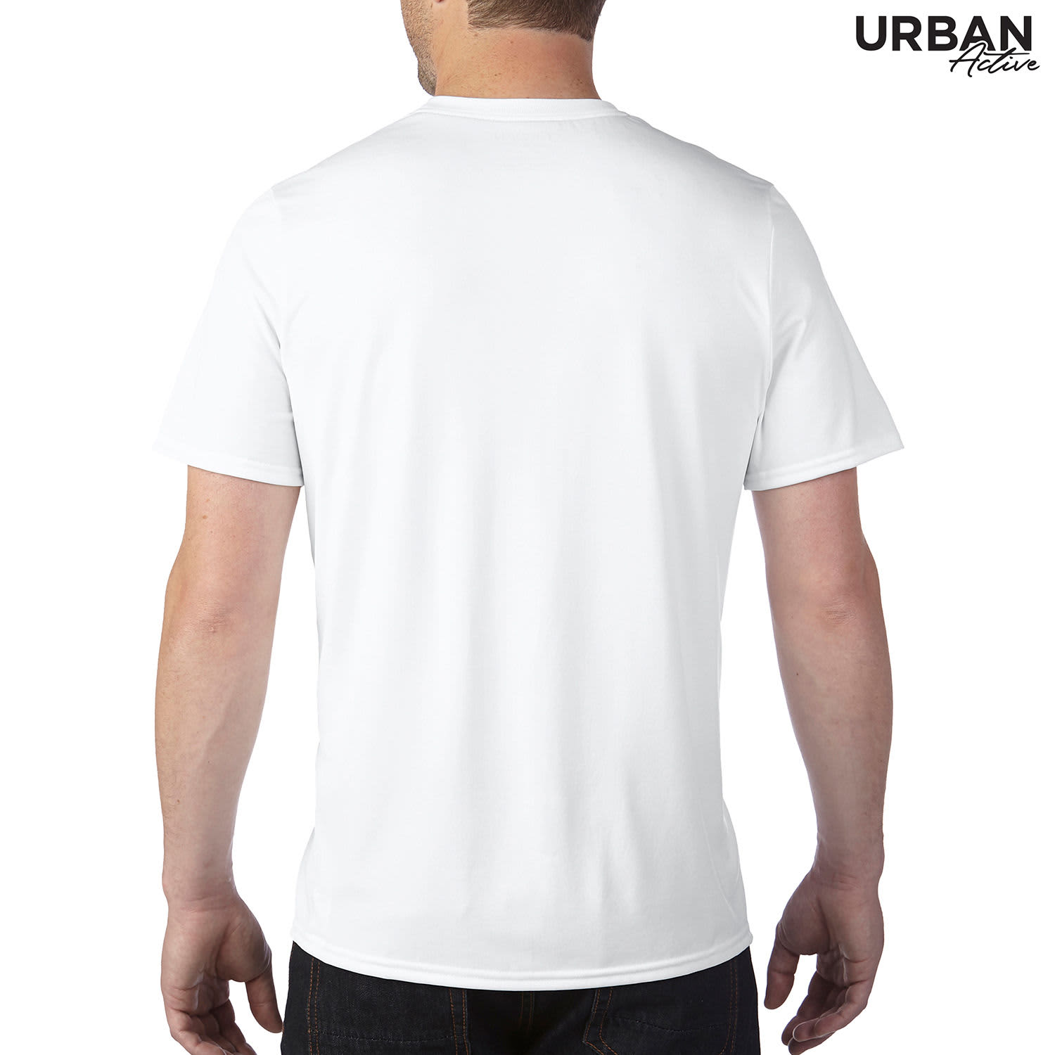 A white adult tech tee shirt shown from the back, featuring a logo on the upper back area.